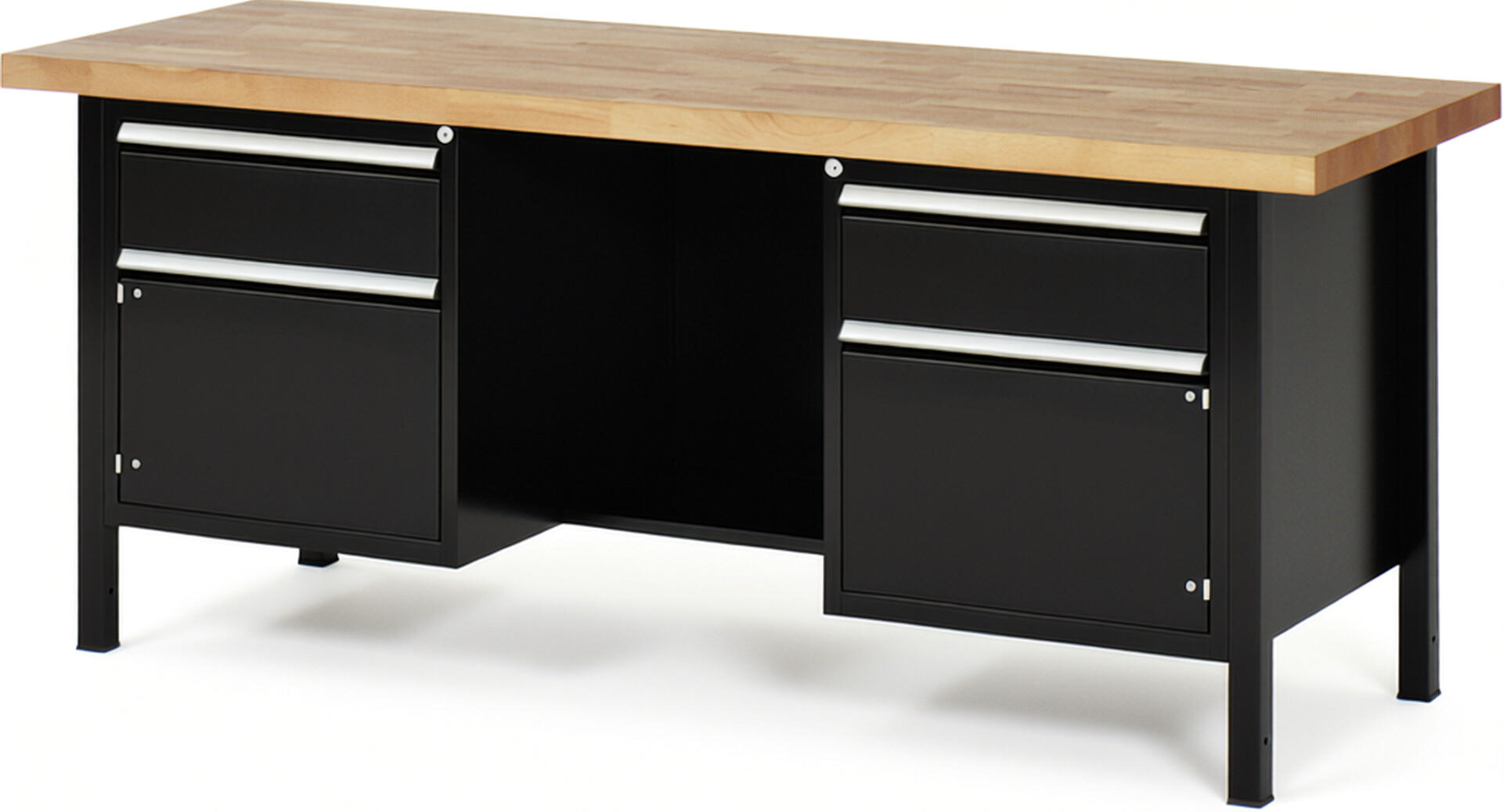 Werkbank Modell 8551 schwarz, BxTxH 2000x700x840 mm,  Buche-Massiv Arbeitsplatte 40 mm,  2 Schubladen mit  Vollauszug 100 % und  SoftClosing