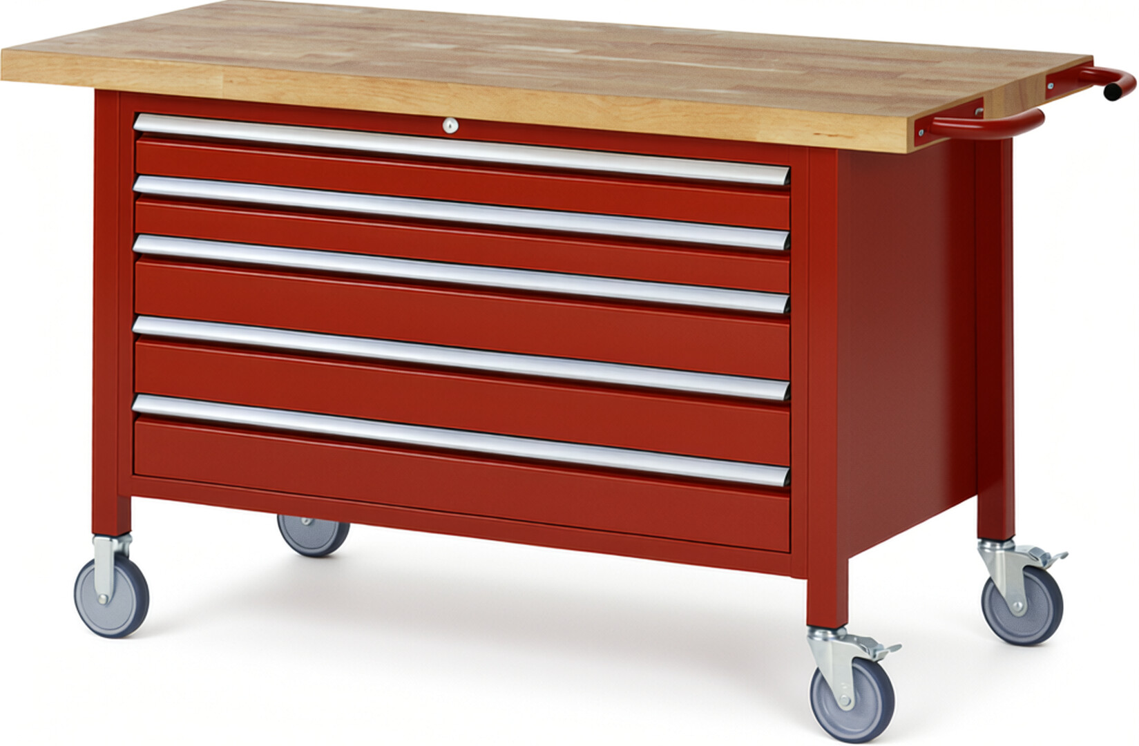 Fahrbare Werkbank Modell 8371 rot, BxTxH 1500x700x880-1080 mm,  Buche-Massiv Arbeitsplatte 40 mm,  5 Schubladen mit  Auszug 90 %