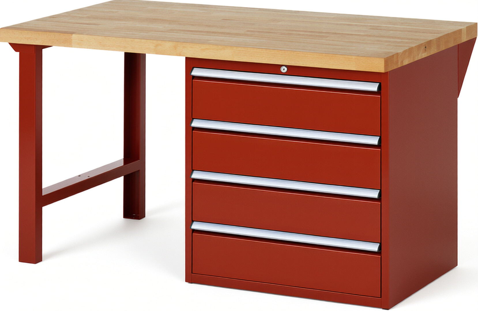 Werkbank Modell 7609 rot, BxTxH 1500x900x840 mm,  Buche-Massiv Arbeitsplatte 40 mm,  4 Schubladen mit  Auszug 90 %