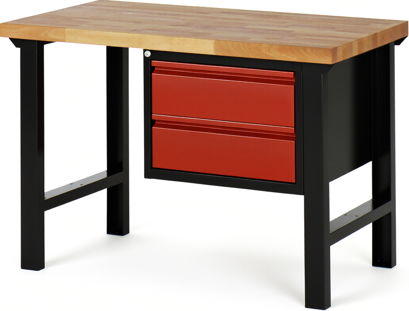 Werkbank schwarz-rot, BxTxH 1250x700x840 mm, Platte Buche 40 mm, 2 Schubladen 180 mm, RAL 9011/3000