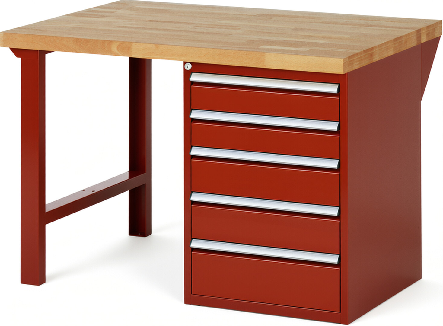 Werkbank Modell 7513 rot, BxTxH 1250x900x840 mm,  Buche-Massiv Arbeitsplatte 40 mm,  5 Schubladen mit  Auszug 90 %