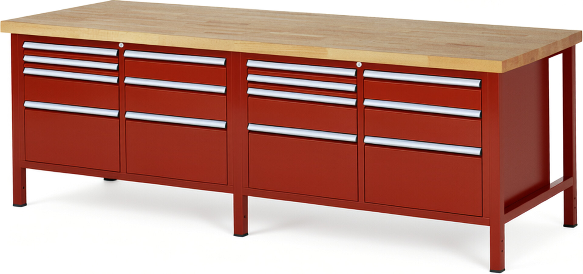 Werkbank Modell 8476 rot, BxTxH 2500x900x840 mm,  Buche-Massiv Arbeitsplatte 40 mm,  14 Schubladen mit  Auszug 90 %