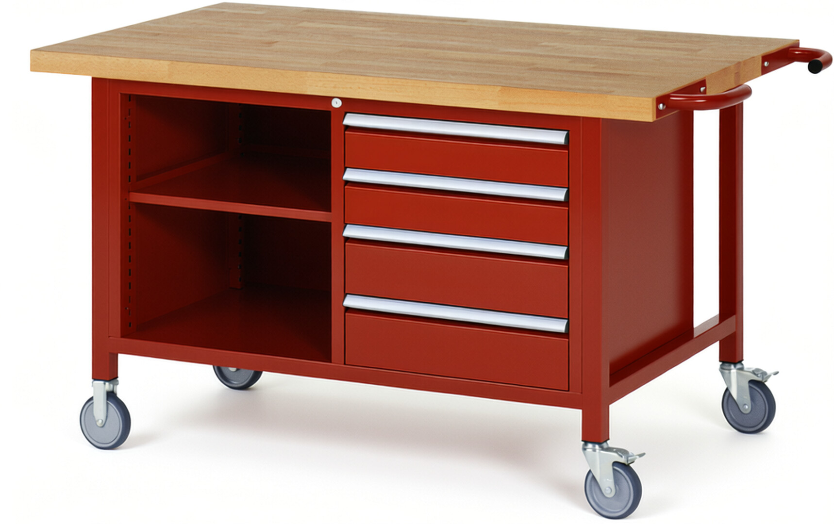 Fahrbare Werkbank Modell 8463 rot, BxTxH 1500x900x880 mm,  Buche-Massiv Arbeitsplatte 40 mm,  4 Schubladen mit  Auszug 90 %