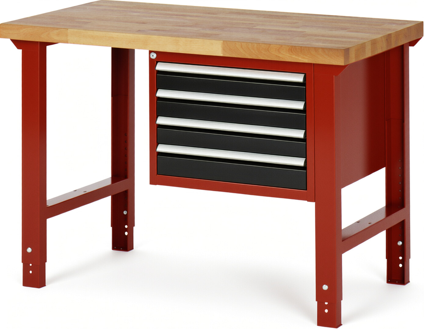 Werkbank Modell 7133 rot - schwarz, BxTxH 1250x700x790-1140 mm,  Buche-Massiv Arbeitsplatte 40 mm,  4 Schubladen mit  Auszug 90 %