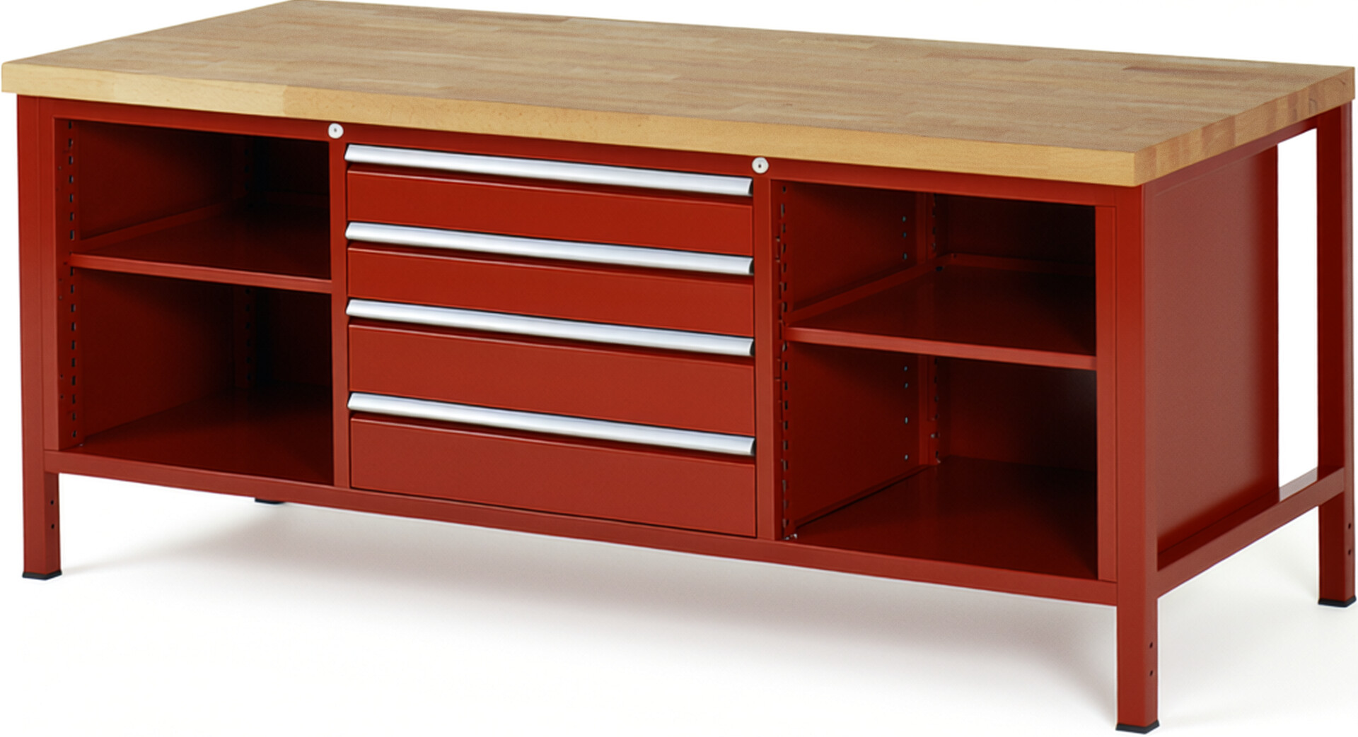 Werkbank Modell 8751 rot, BxTxH 2000x900x840-1040 mm,  Buche-Massiv Arbeitsplatte 40 mm,  4 Schubladen mit  Auszug 90 %