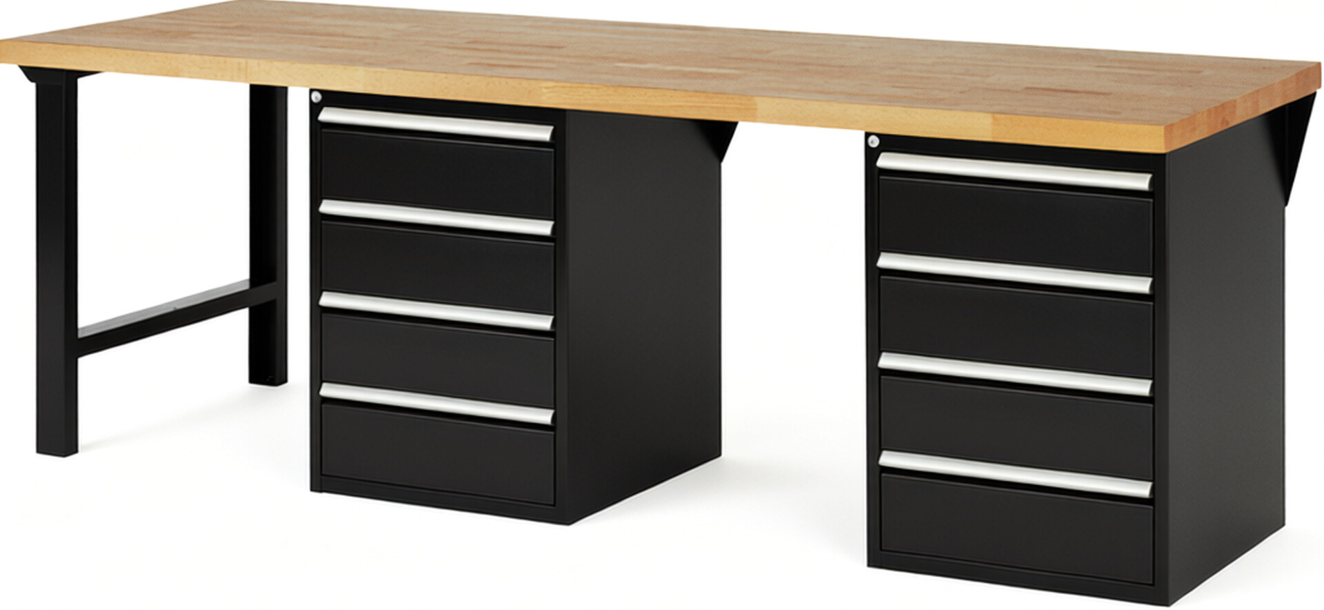 Werkbank Modell 7509 schwarz, BxTxH 2500x900x890 mm,  Buche-Massiv Arbeitsplatte 40 mm,  8 Schubladen mit  Vollauszug 100 % und  SoftClosing