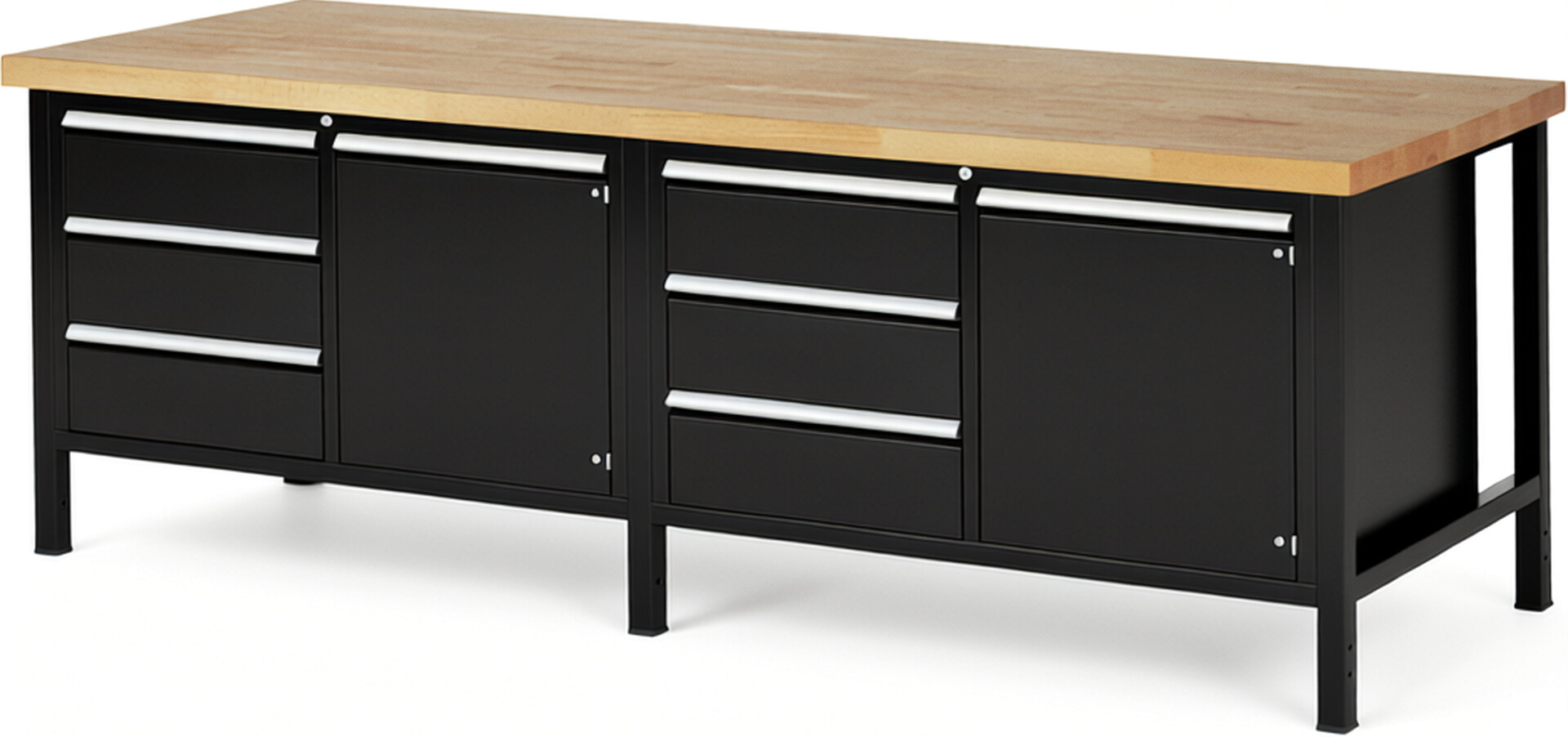Werkbank Modell 8468 schwarz, BxTxH 2500x900x840 mm,  Buche-Massiv Arbeitsplatte 40 mm,  6 Schubladen mit  Auszug 90 %