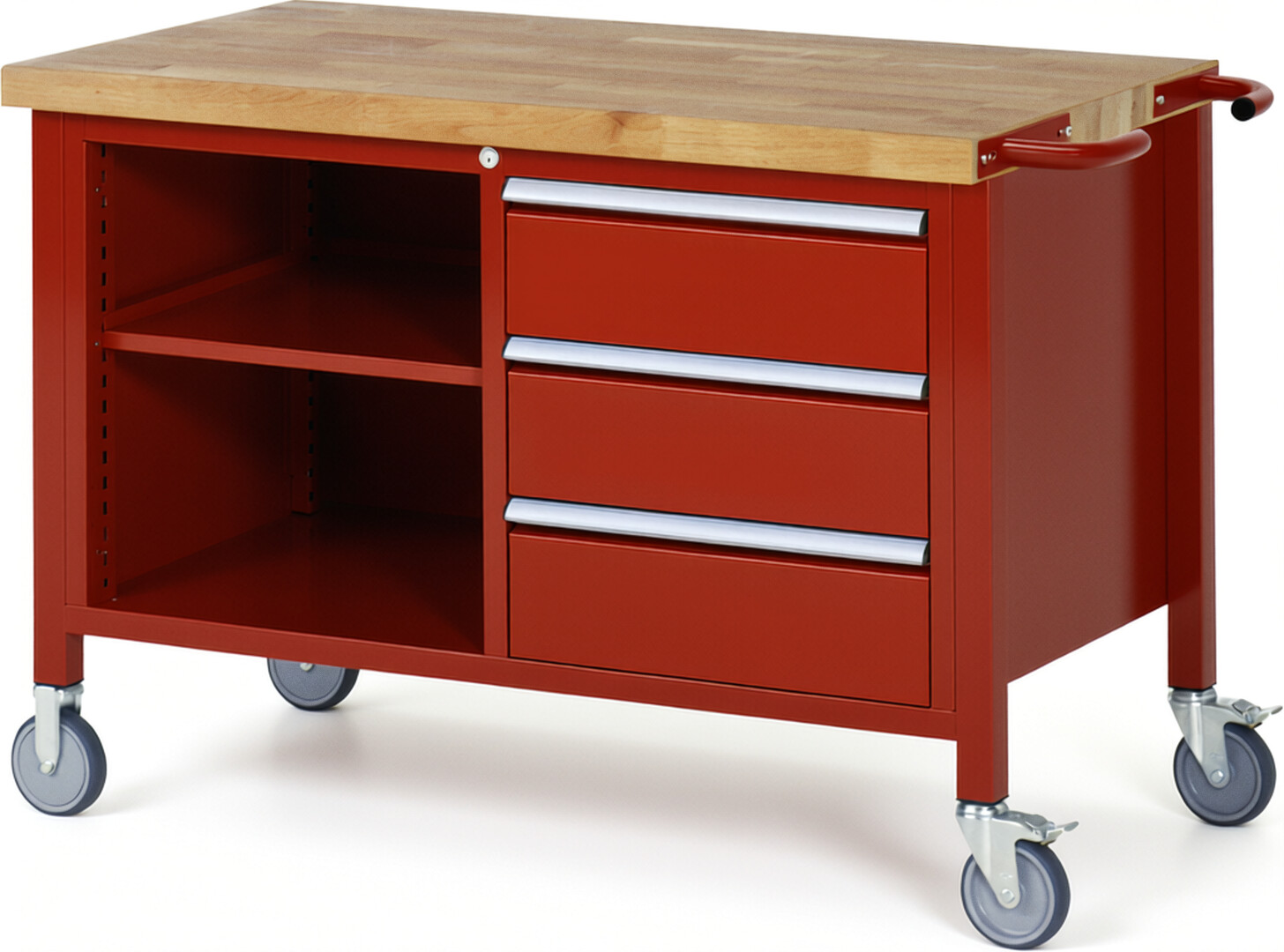 Fahrbare Werkbank Modell 8462 rot, BxTxH 1250x700x880 mm,  Buche-Massiv Arbeitsplatte 40 mm,  3 Schubladen mit  Vollauszug 100 % und  SoftClosing