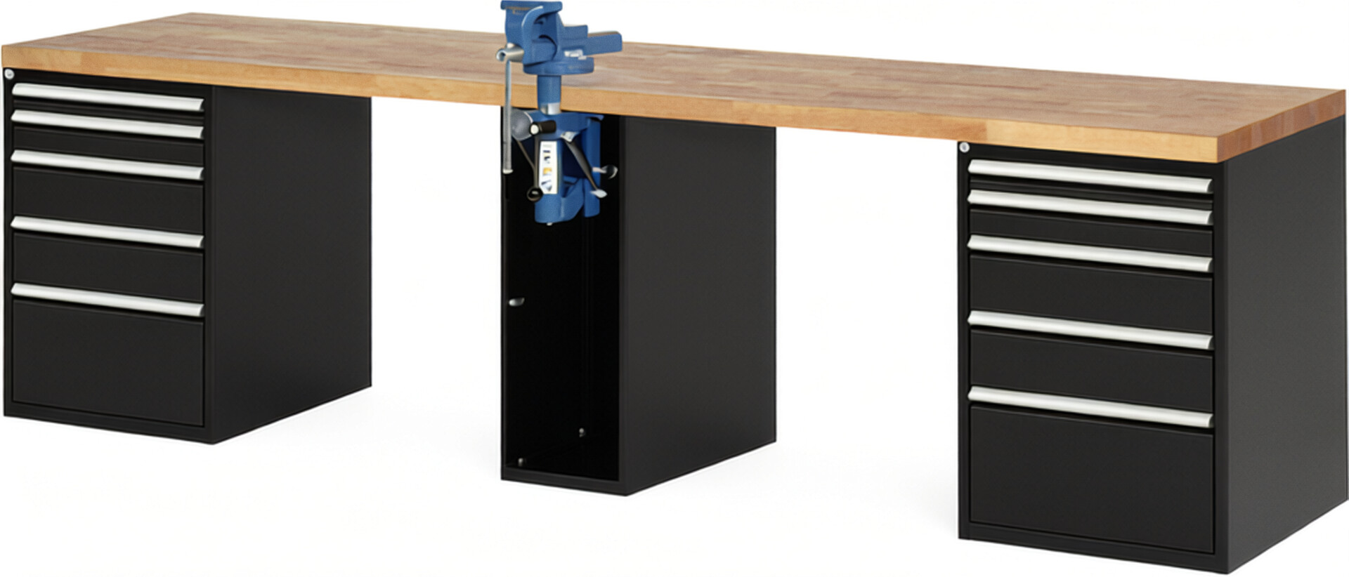 Werkbank Modell 7511 schwarz, BxTxH 3000x700x890 mm,  Buche-Massiv Arbeitsplatte 40 mm,  10 Schubladen mit  Auszug 90 %