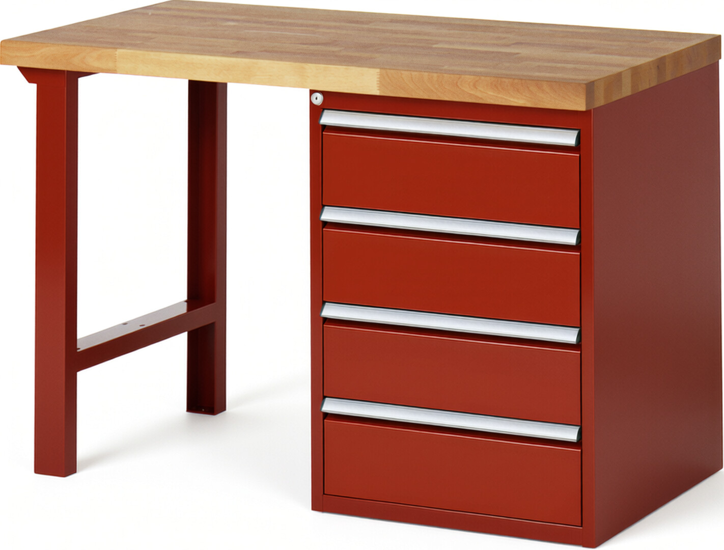 Werkbank Modell 7509 rot, BxTxH 1250x700x890 mm,  Buche-Massiv Arbeitsplatte 40 mm,  4 Schubladen mit  Auszug 90 %