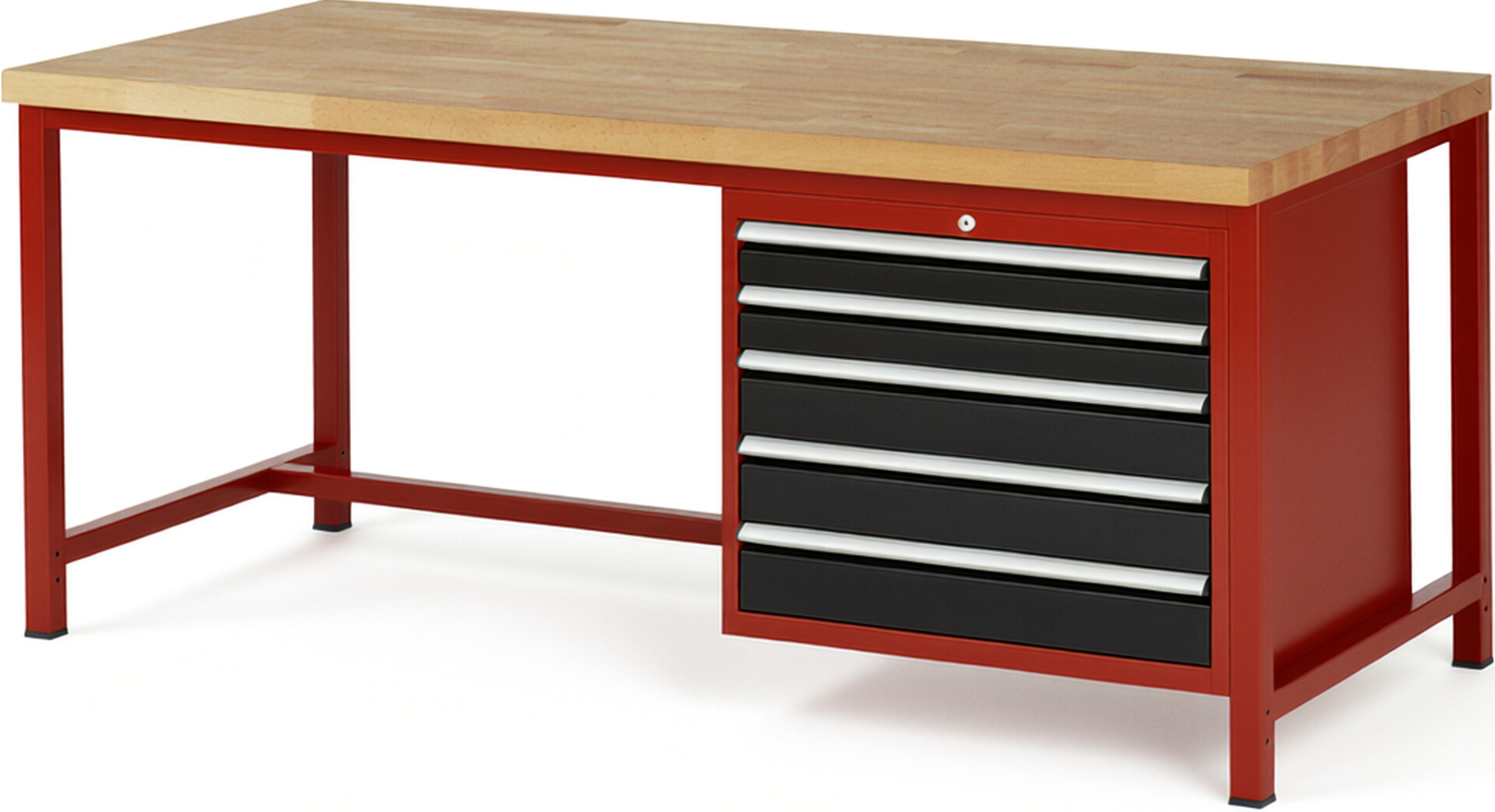 Werkbank Modell 8271 rot - schwarz, BxTxH 2000x900x840 mm,  Buche-Massiv Arbeitsplatte 40 mm,  5 Schubladen mit  Auszug 90 %