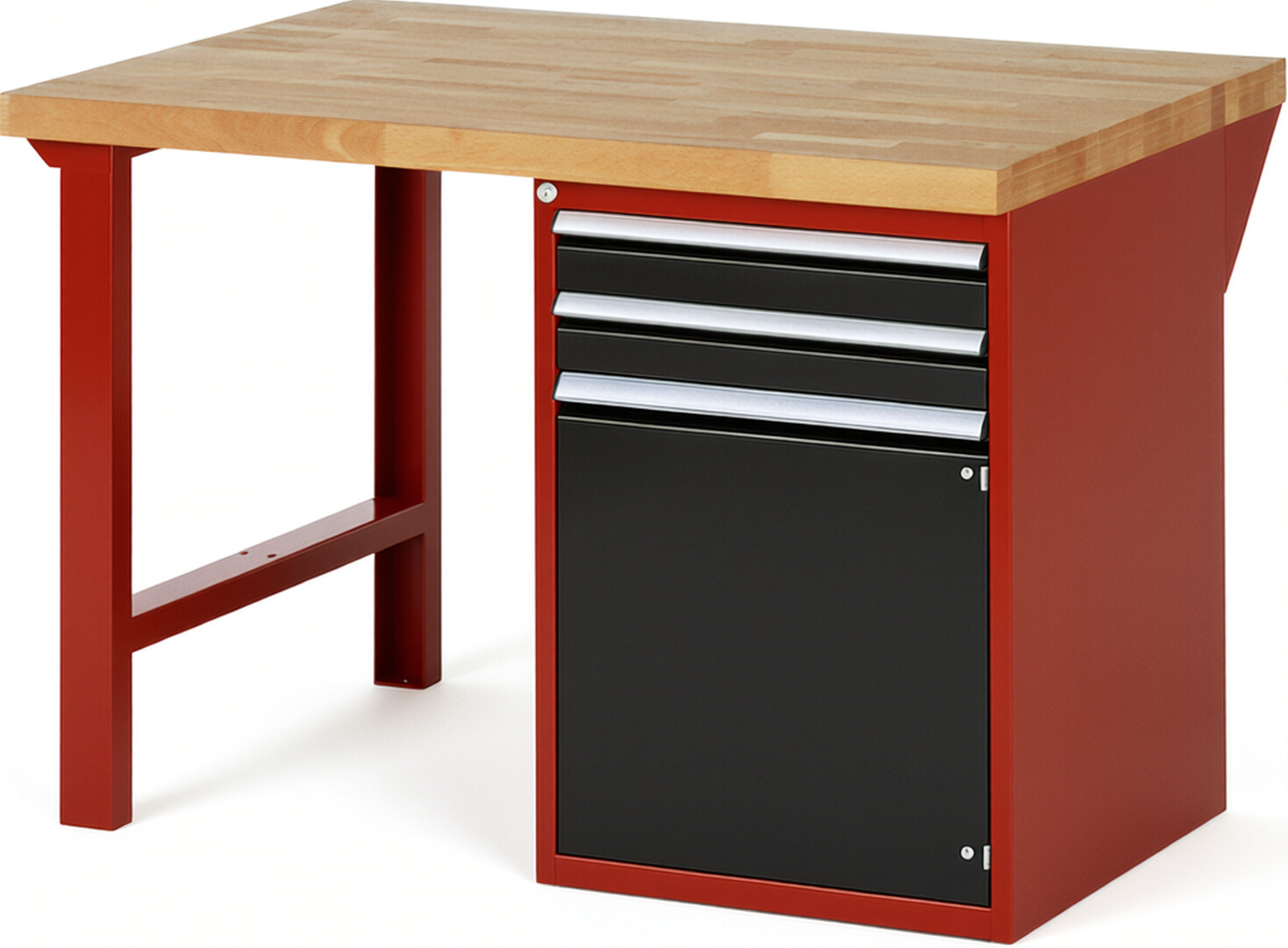 Werkbank Modell 7503 rot - schwarz, BxTxH 1250x900x890 mm,  Buche-Massiv Arbeitsplatte 40 mm,  2 Schubladen mit  Vollauszug 100 % und  SoftClosing