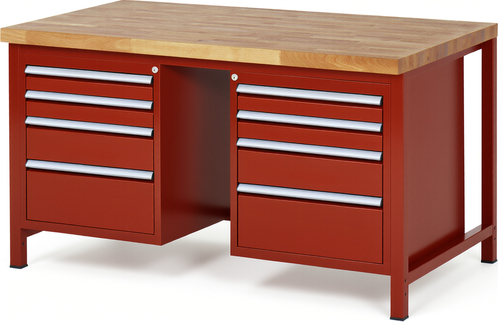 Werkbank Modell 8182 rot, BxTxH 1500x900x840-1040 mm,  Buche-Massiv Arbeitsplatte 40 mm,  8 Schubladen mit  Auszug 90 %