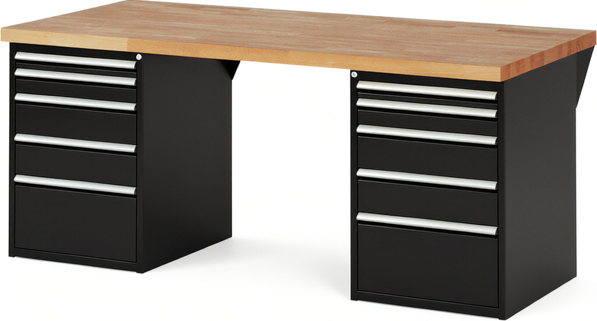Werkbank Modell 7511 schwarz, BxTxH 2000x900x890 mm,  Buche-Massiv Arbeitsplatte 40 mm,  10 Schubladen mit  Auszug 90 %