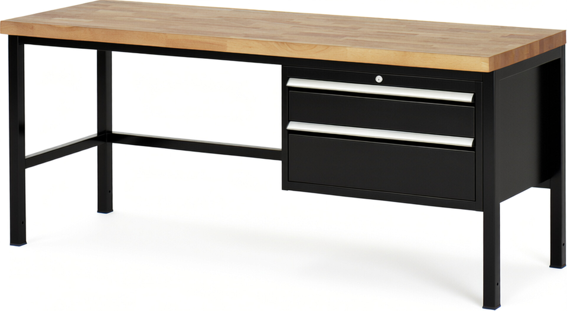 Werkbank Modell 8223 schwarz, BxTxH 2000x700x840 mm,  Buche-Massiv Arbeitsplatte 40 mm,  2 Schubladen mit  Auszug 90 %
