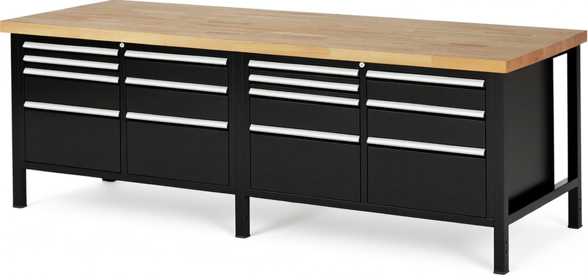 Werkbank Modell 8476 schwarz, BxTxH 2500x900x840 mm,  Buche-Massiv Arbeitsplatte 40 mm,  14 Schubladen mit  Auszug 90 %