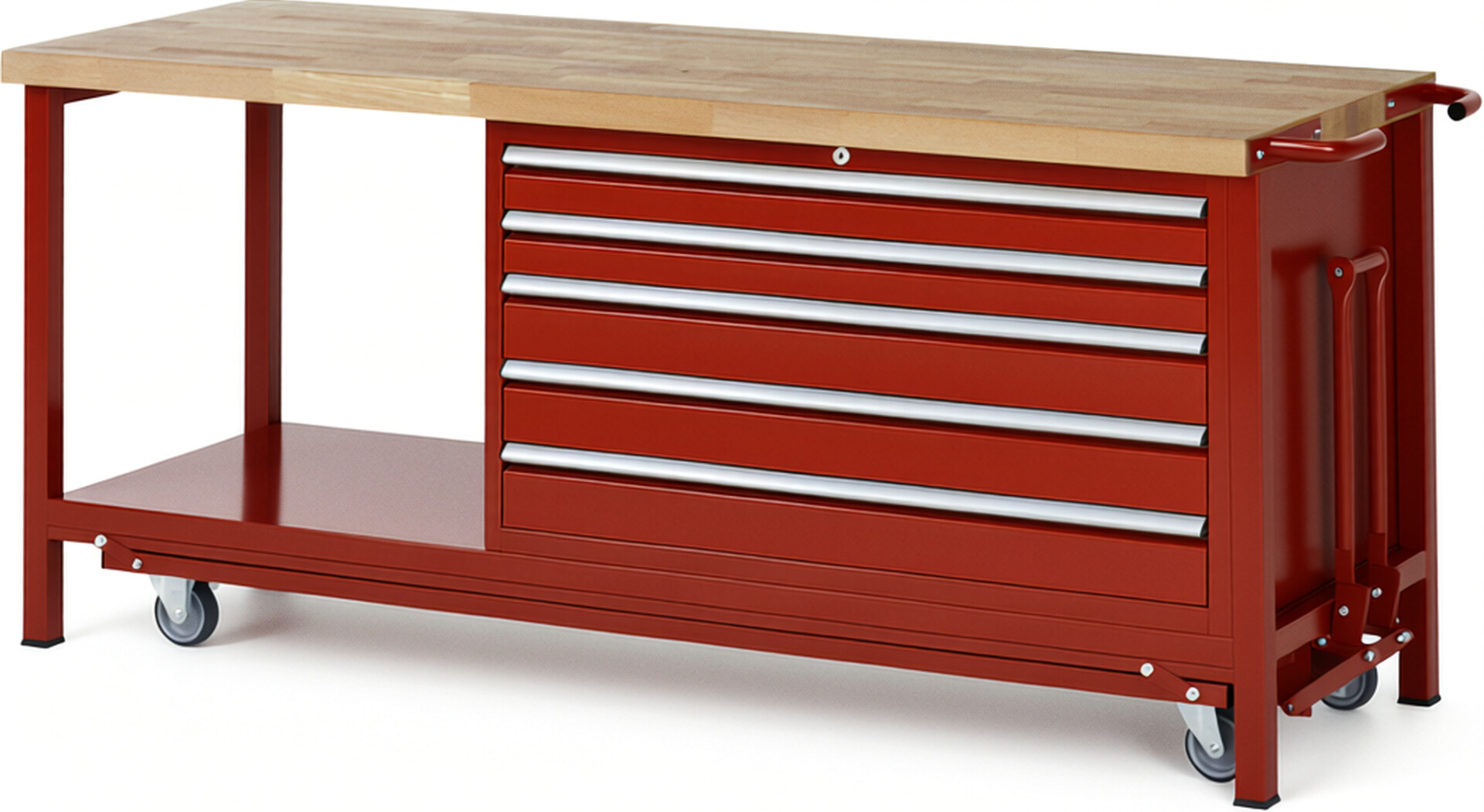 Absenkbare Werkbank Modell 8371 rot, BxTxH 2000x700x880 mm,  Buche-Massiv Arbeitsplatte 40 mm,  5 Schubladen mit  Auszug 90 %