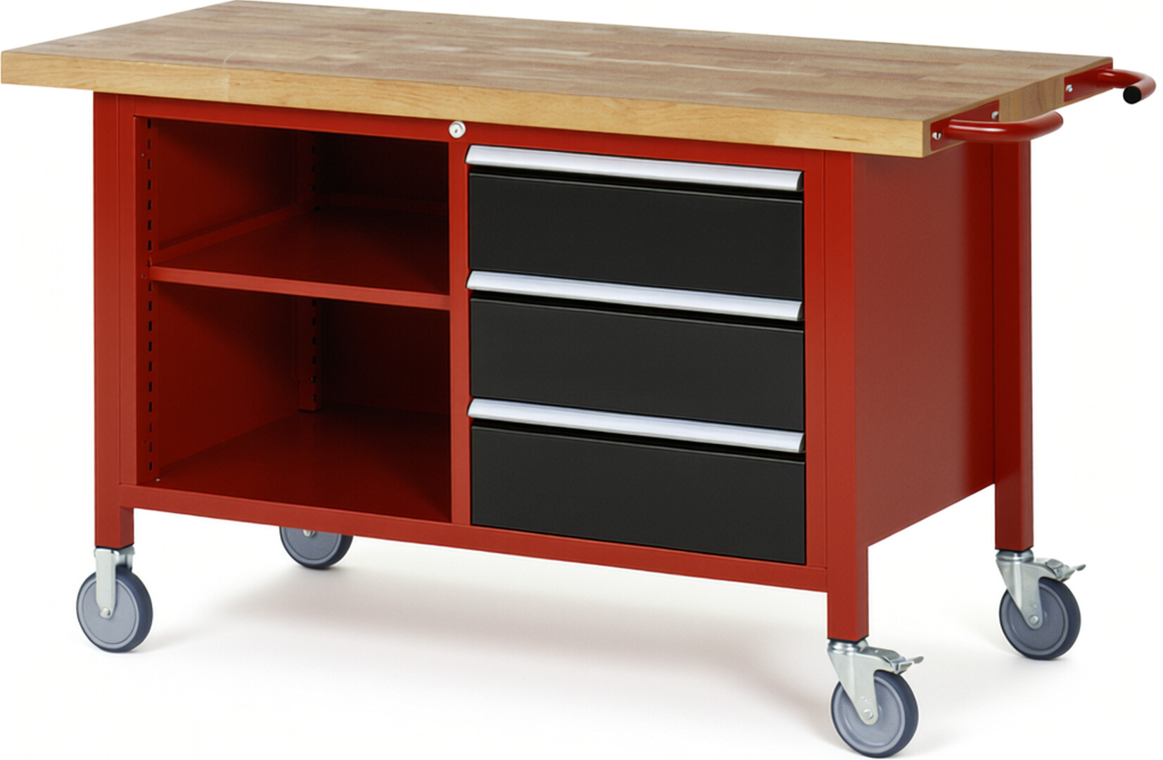 Fahrbare Werkbank Modell 8462 rot - schwarz, BxTxH 1500x700x880 mm,  Buche-Massiv Arbeitsplatte 40 mm,  3 Schubladen mit  Auszug 90 %