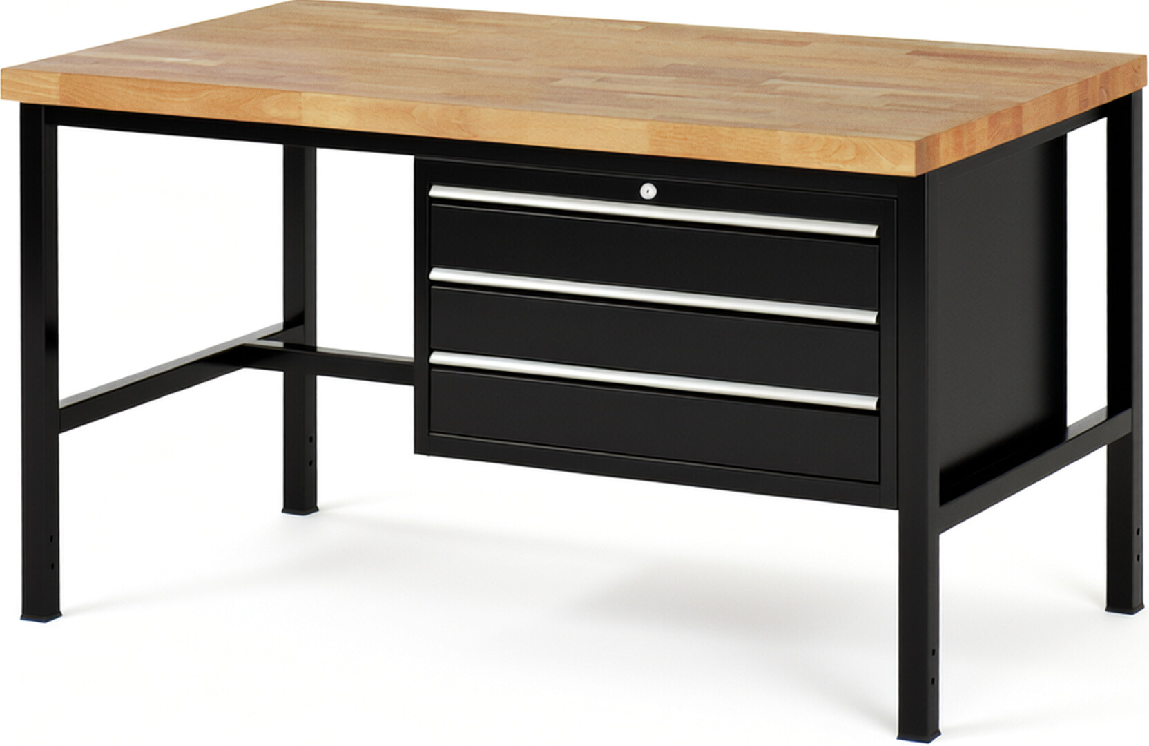 Werkbank Modell 8227 schwarz, BxTxH 1500x900x840-1040 mm,  Buche-Massiv Arbeitsplatte 40 mm,  3 Schubladen mit  Auszug 90 %