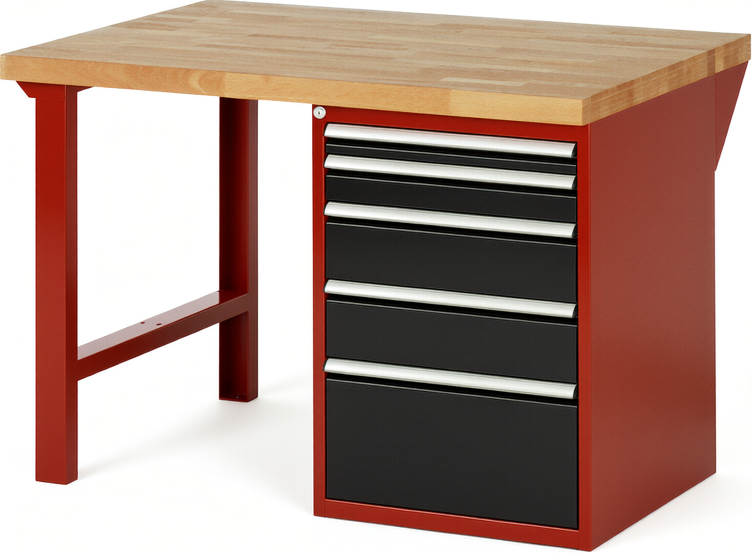 Werkbank Modell 7511 rot - schwarz, BxTxH 1250x900x890 mm,  Buche-Massiv Arbeitsplatte 40 mm,  5 Schubladen mit  Auszug 90 %