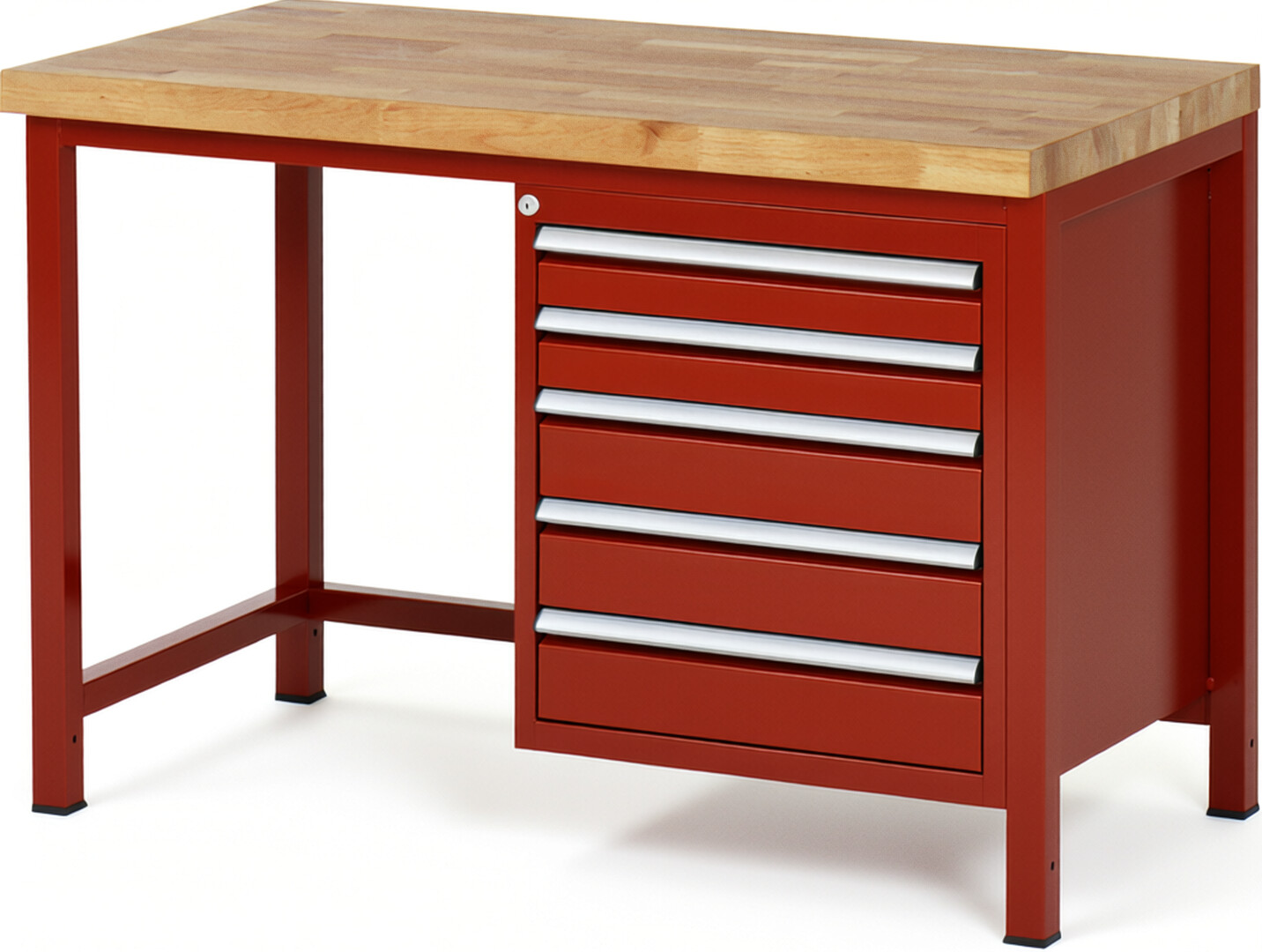 Werkbank Modell 8171 rot, BxTxH 1250x700x840-1040 mm,  Buche-Massiv Arbeitsplatte 40 mm,  5 Schubladen mit  Auszug 90 %