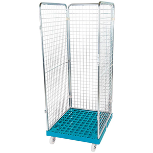 Rollbox mit Drahtgitterwänden, 3-seitig, Nutzhöhe 1585 mm, BxTxH 810x720x1800 mm, Bodenplatte aus HDPE, RAL 5012 lichtblau