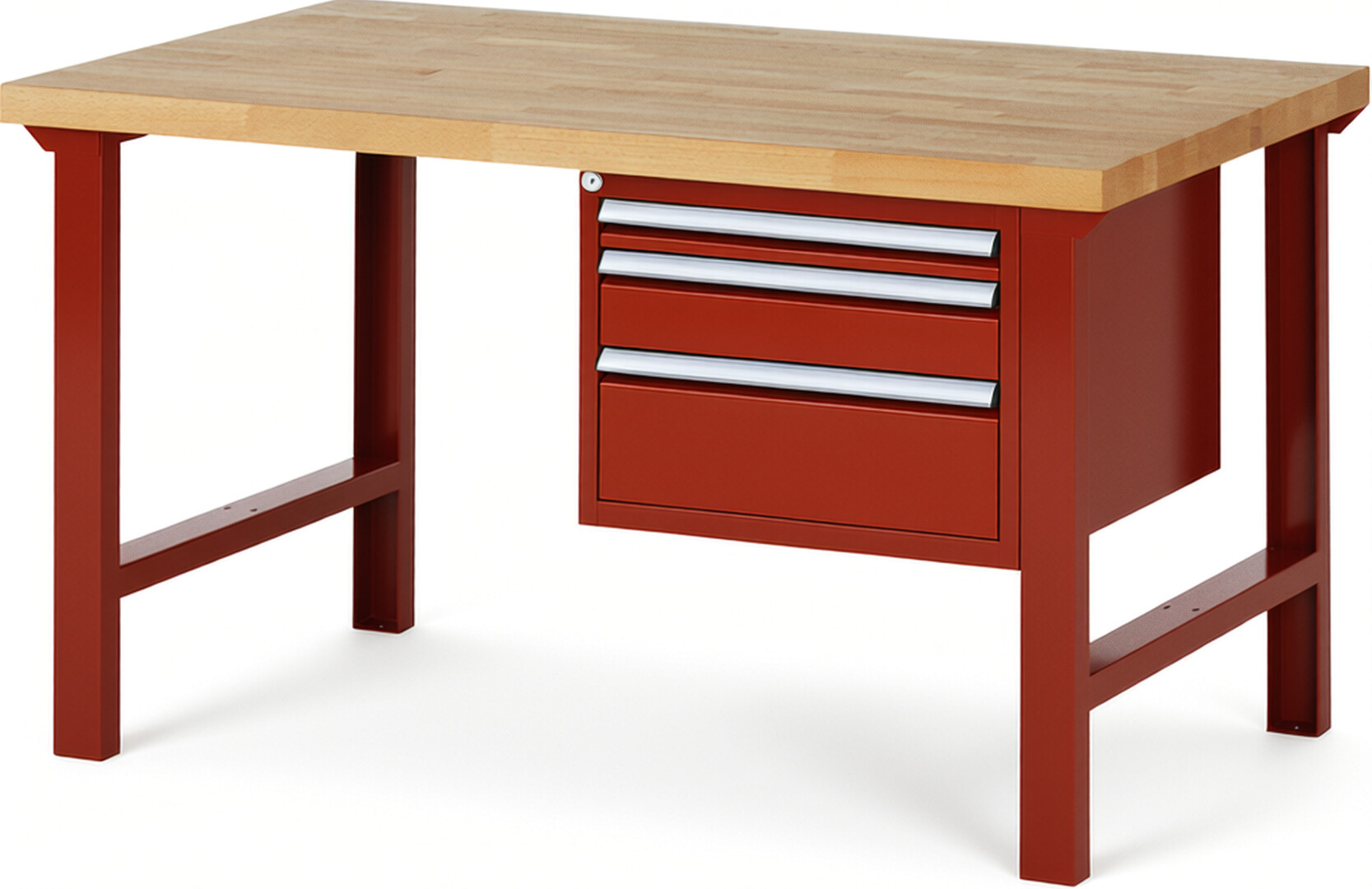 Werkbank Modell 7126 rot, BxTxH 1500x900x840 mm,  Buche-Massiv Arbeitsplatte 40 mm,  3 Schubladen mit  Vollauszug 100 % und  SoftClosing