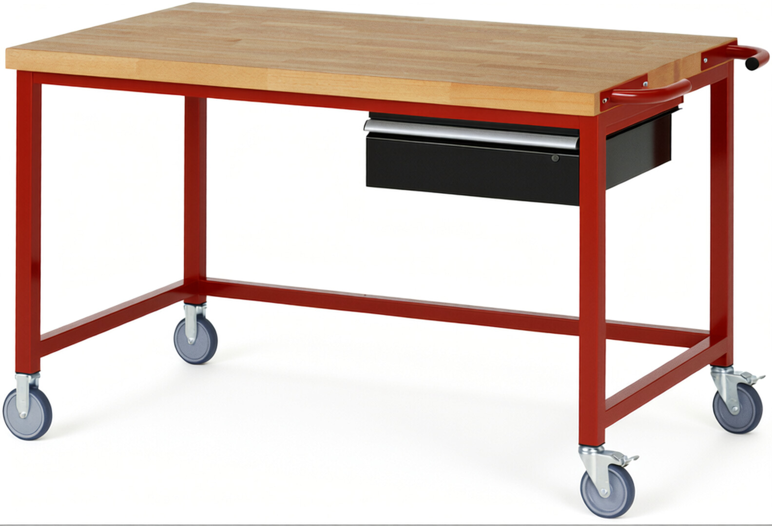 Fahrbare Werkbank Modell 8001 rot - schwarz, BxTxH 1500x900x880-1080 mm,  Buche-Massiv Arbeitsplatte 40 mm,  1 Schublade mit  Auszug 90 %