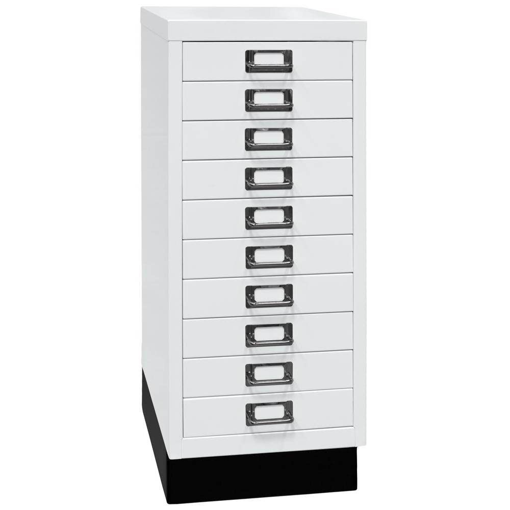 Schubladenschrank aus Stahl, BxTxH 279x380x670 mm, 10 Schubladen 51 mm, DIN A4, Sockel 80 mm hoch, verkehrsweiß