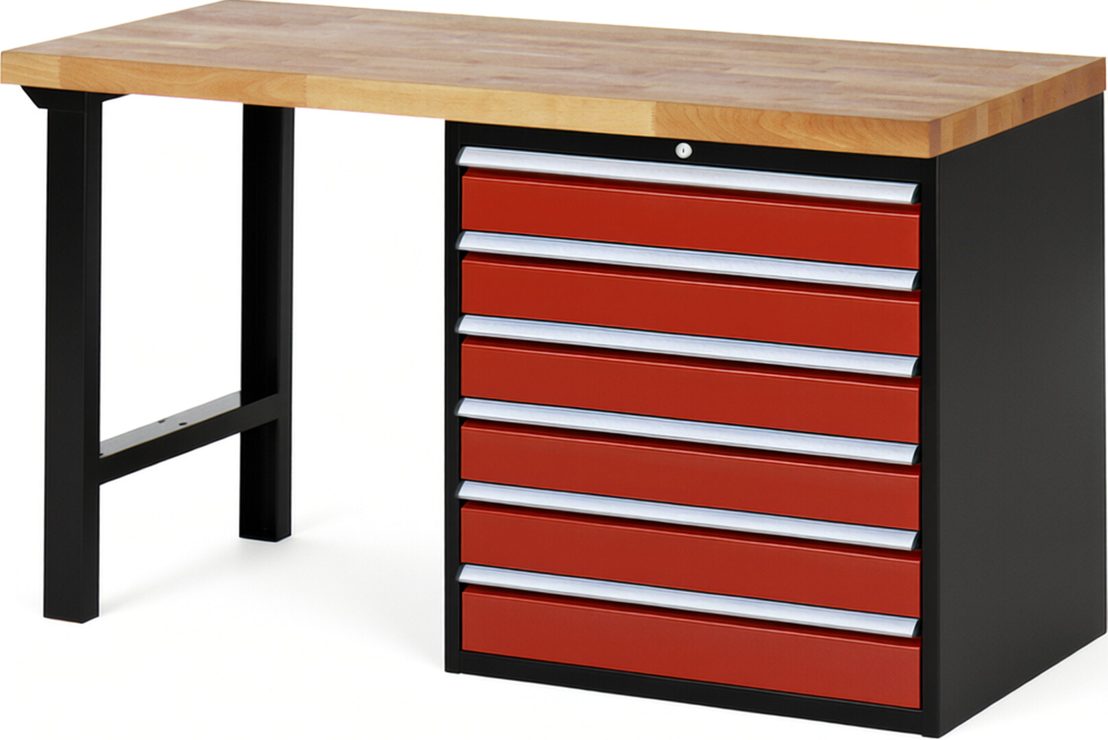 RAU Werkbank schwarz - rot - Breite 150 cm - Tiefe 70 cm - Höhe 89 cm - Buche-Massiv Arbeitsplatte 40 mm