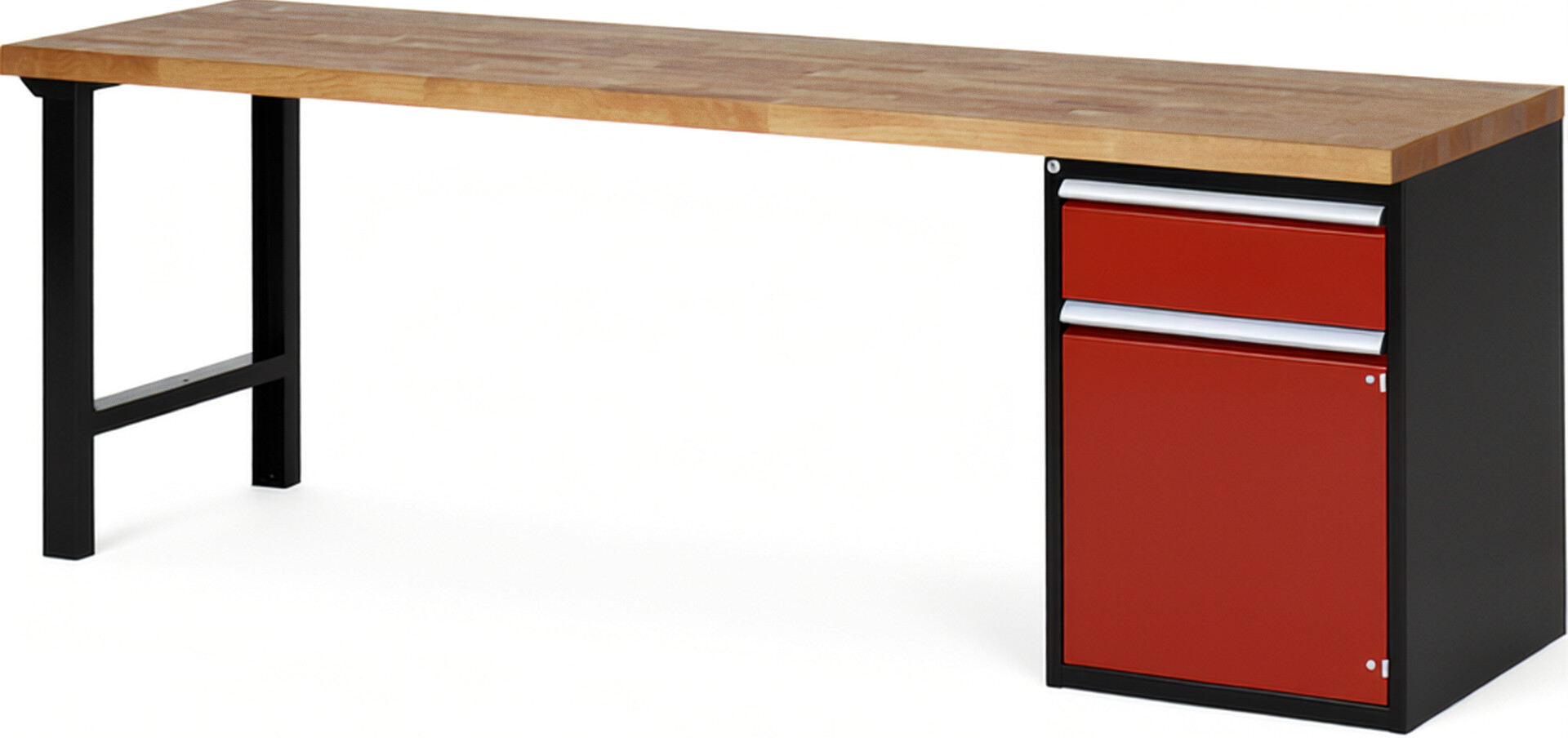 RAU Werkbank schwarz - rot - Breite 250 cm - Tiefe 70 cm - Höhe 89 cm - Buche-Massiv Arbeitsplatte 40 mm