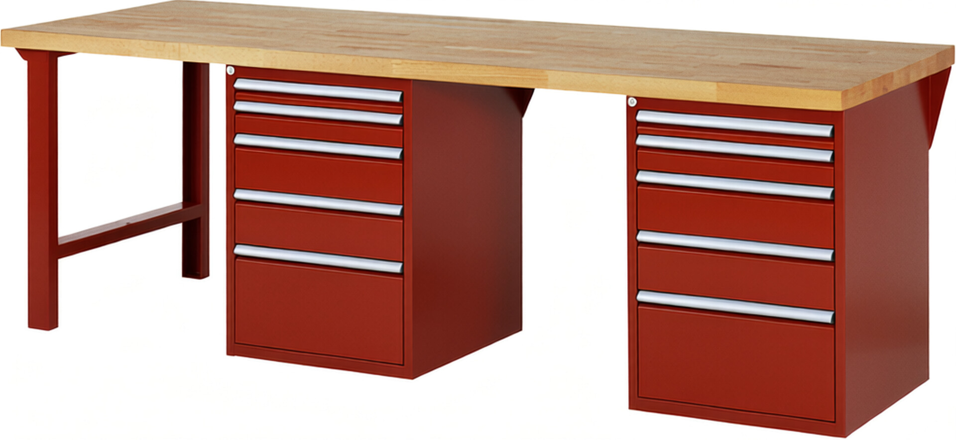 Werkbank Modell 7511 rot, BxTxH 2500x900x890 mm,  Buche-Massiv Arbeitsplatte 40 mm,  10 Schubladen mit  Auszug 90 %