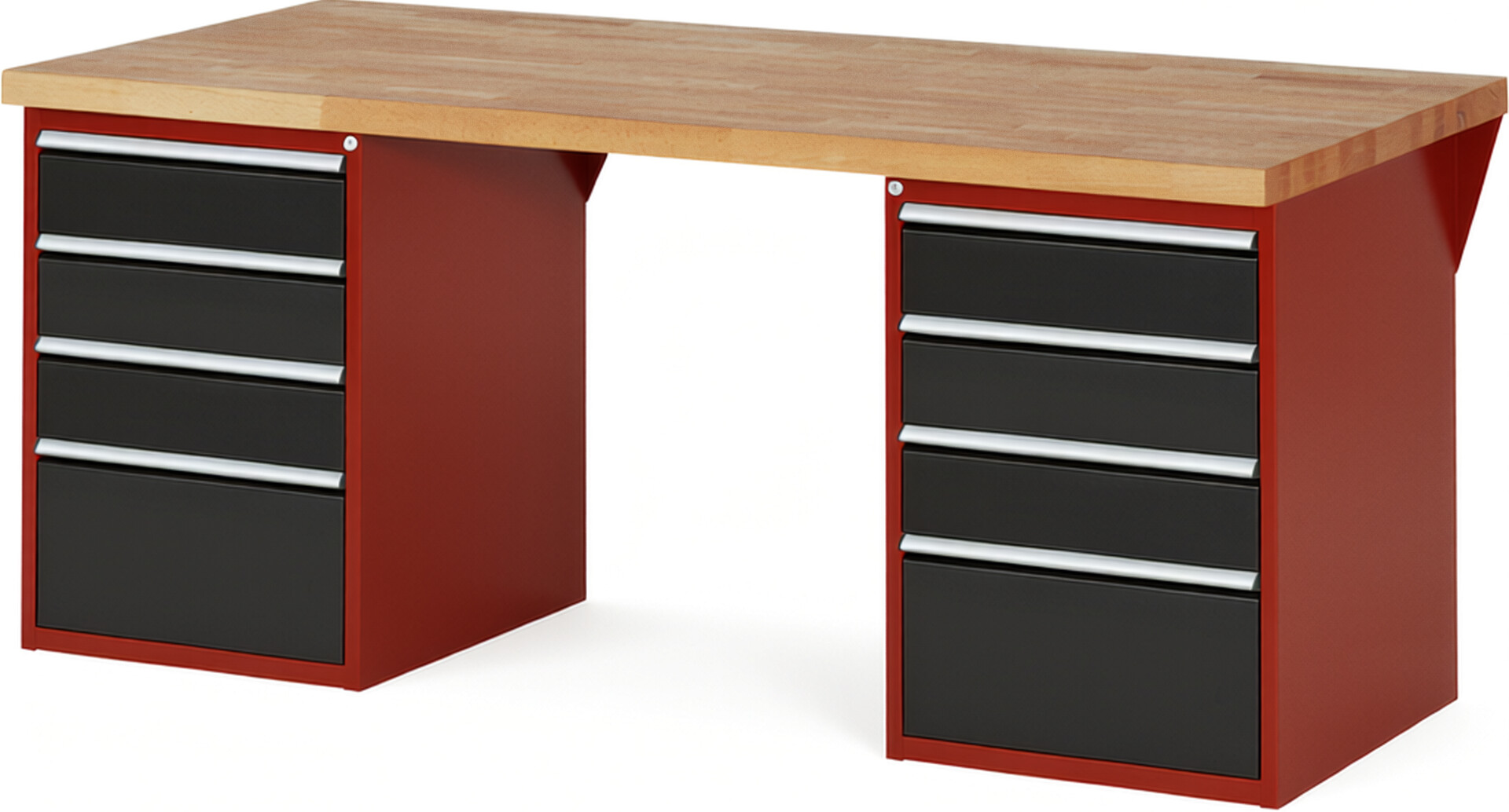 Werkbank Modell 7510 rot - schwarz, BxTxH 2000x900x890 mm,  Buche-Massiv Arbeitsplatte 40 mm,  8 Schubladen mit  Auszug 90 %