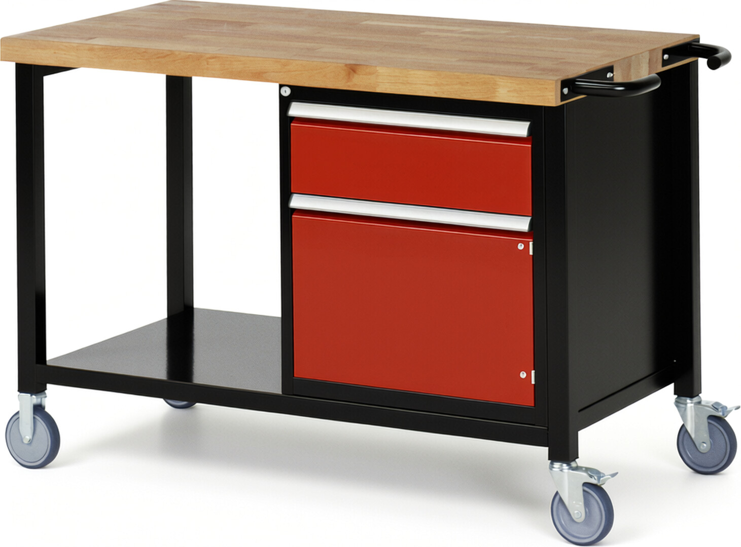 RAU Werkbank schwarz - rot - Breite 125 cm - Tiefe 70 cm - Höhe 108 cm - Buche-Massiv Arbeitsplatte 40 mm