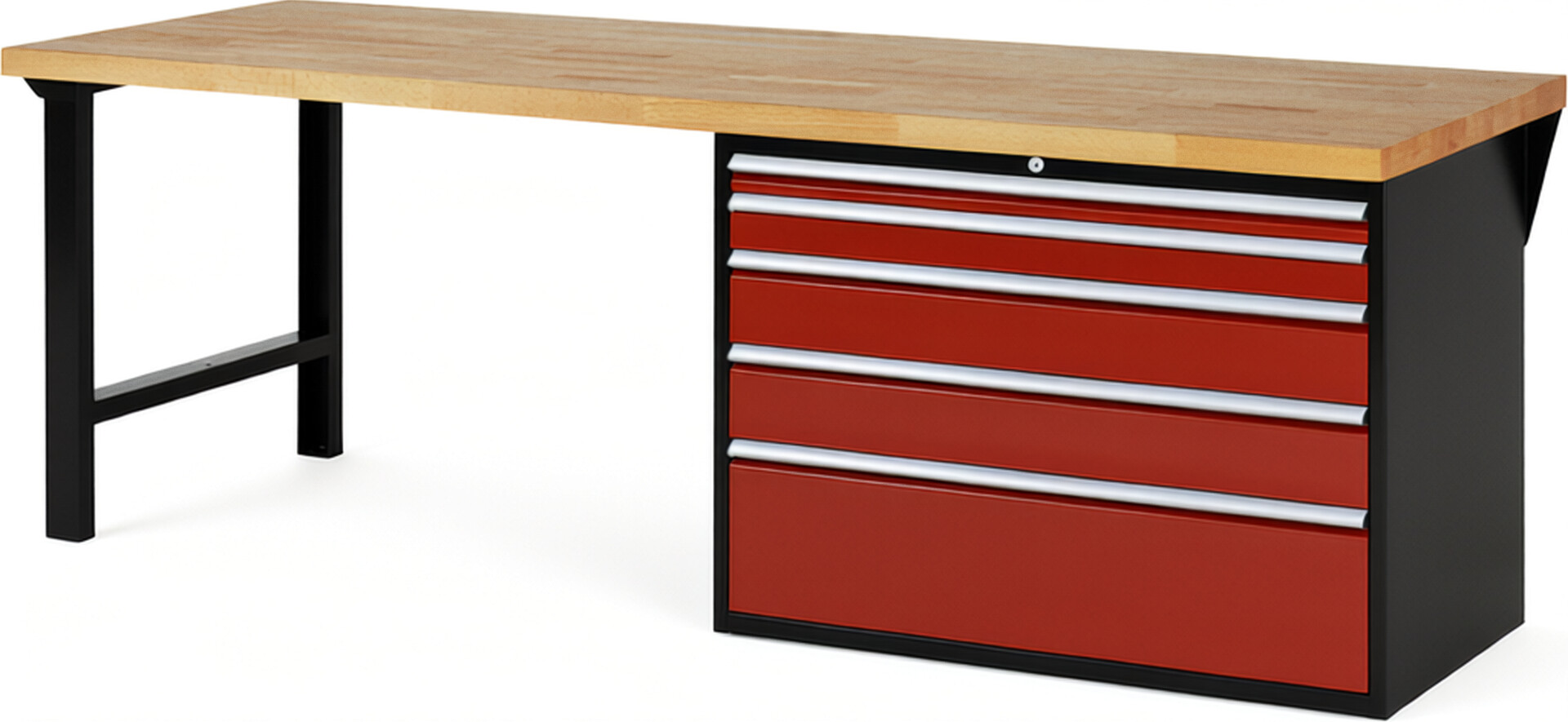 RAU Werkbank schwarz - rot - Breite 250 cm - Tiefe 90 cm - Höhe 89 cm - Buche-Massiv Arbeitsplatte 40 mm