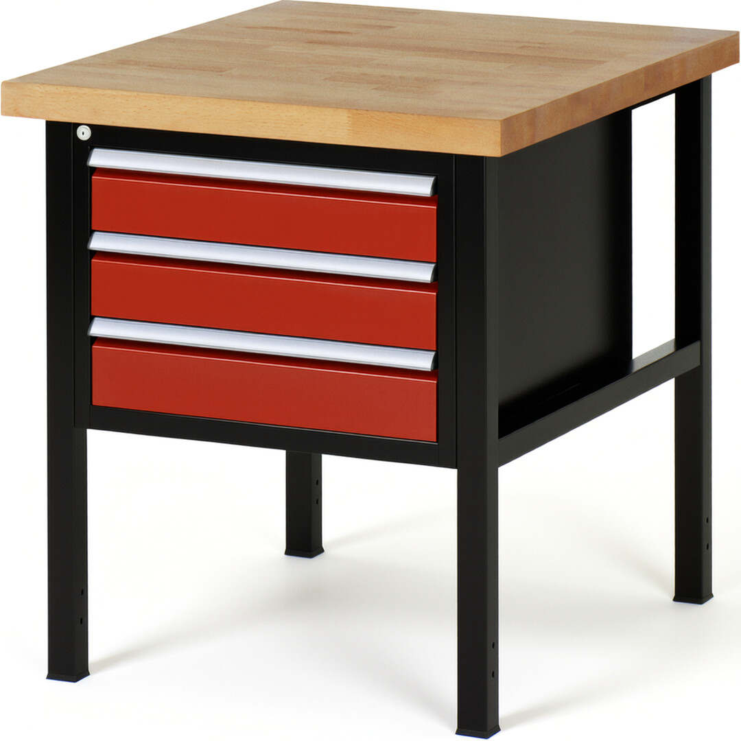 RAU Werkbank schwarz - rot - Breite 75 cm - Tiefe 90 cm - Höhe 104 cm - Buche-Massiv Arbeitsplatte 40 mm
