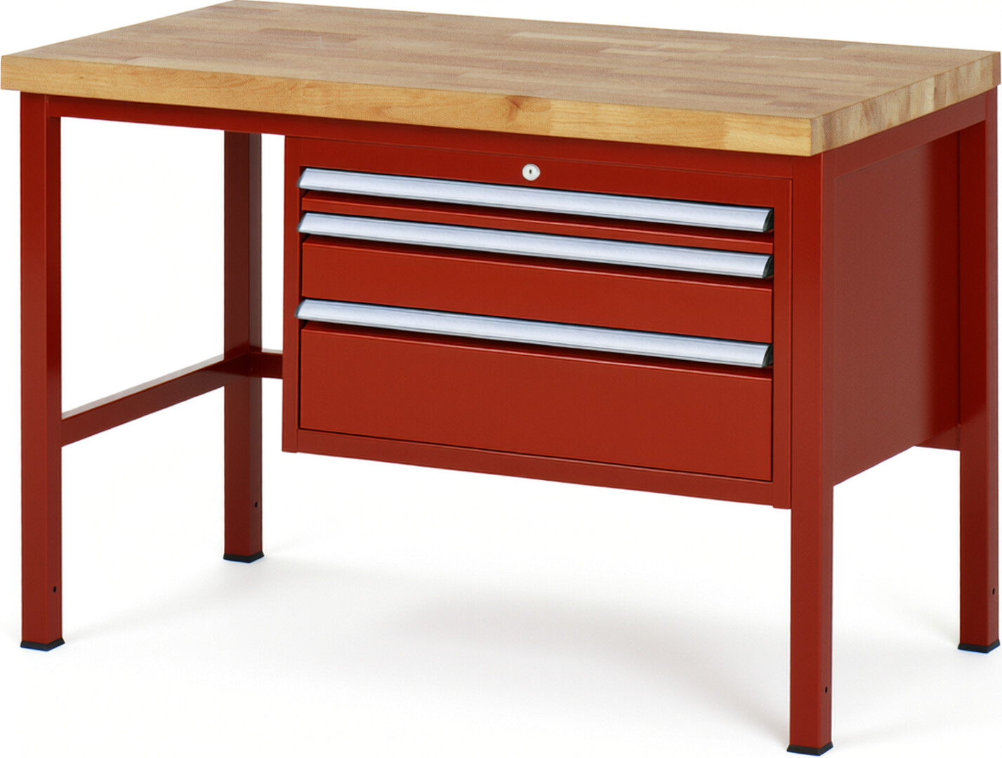 Werkbank Modell 8226 rot, BxTxH 1250x700x840 mm,  Buche-Massiv Arbeitsplatte 40 mm,  3 Schubladen mit  Vollauszug 100 % und  SoftClosing