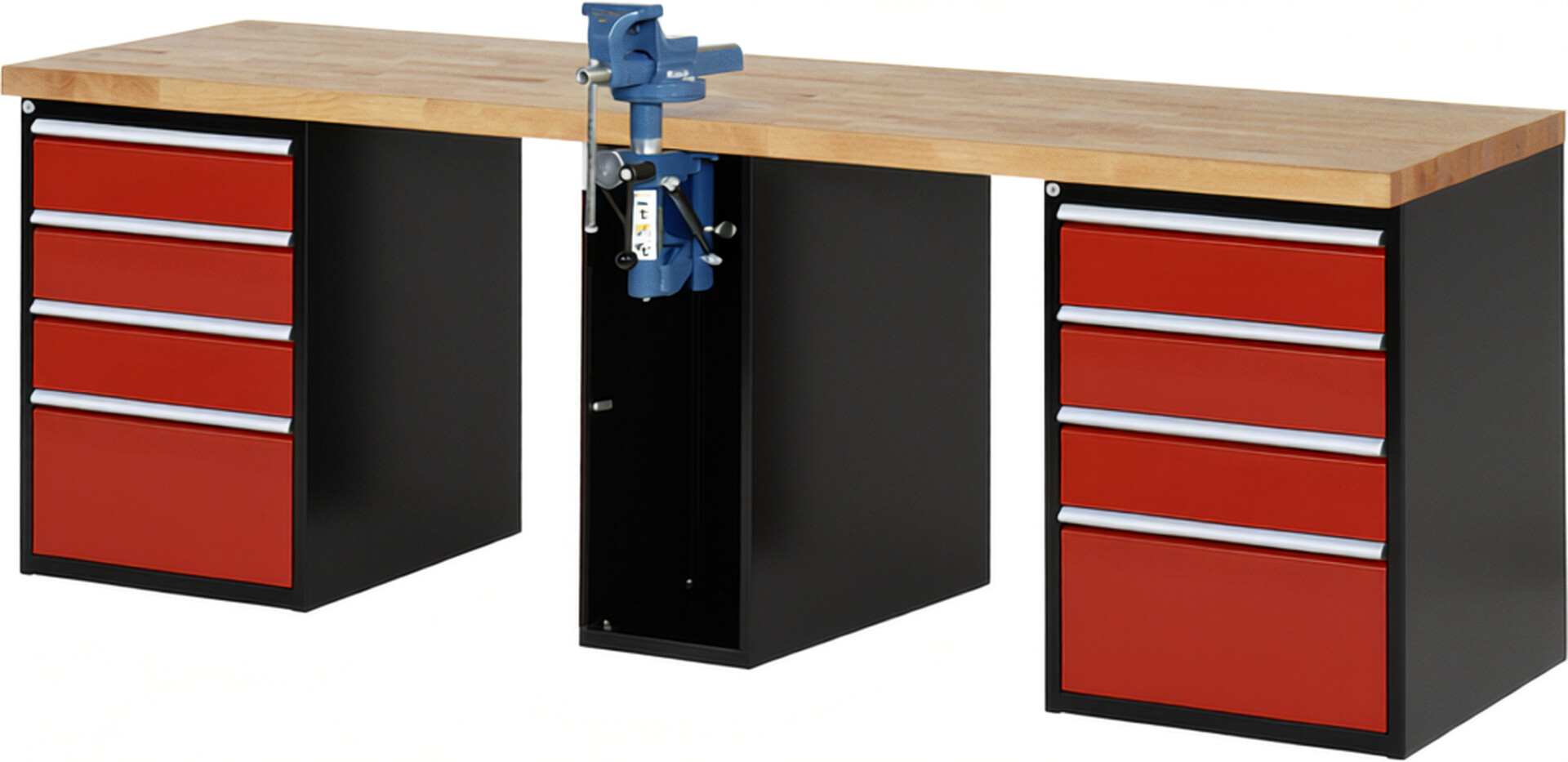 RAU Werkbank schwarz - rot - Breite 250 cm - Tiefe 70 cm - Höhe 89 cm - Buche-Massiv Arbeitsplatte 40 mm