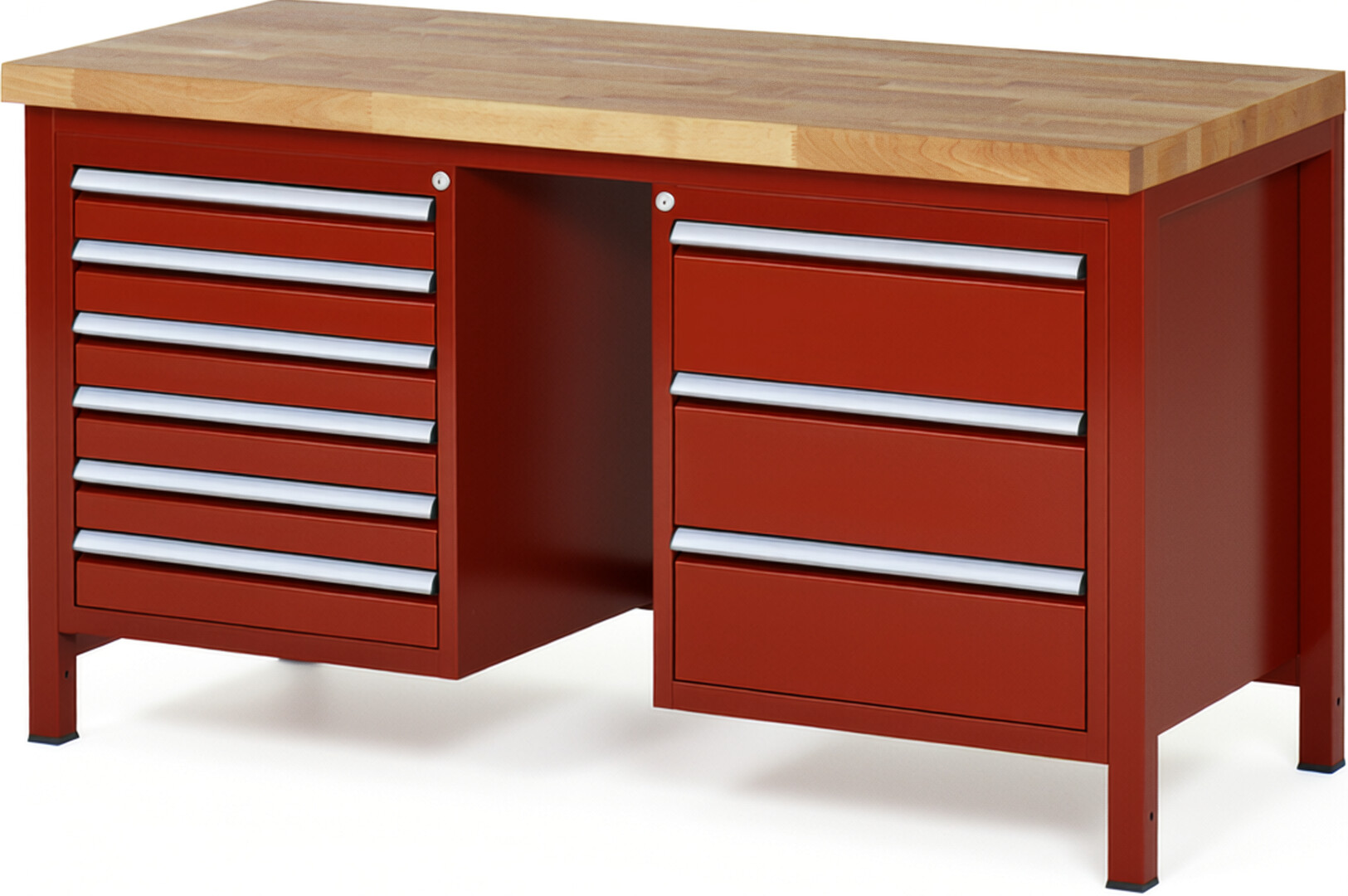 Werkbank Modell 8183 rot, BxTxH 1500x700x840-1040 mm,  Buche-Massiv Arbeitsplatte 40 mm,  9 Schubladen mit  Auszug 90 %
