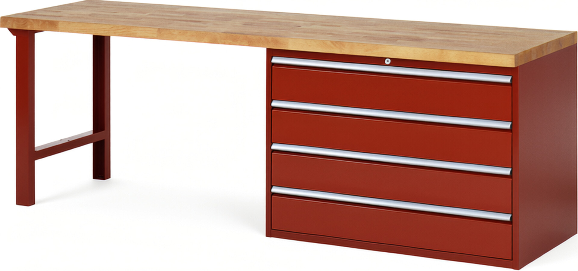 Werkbank Modell 7709 rot, BxTxH 2500x700x840 mm,  Buche-Massiv Arbeitsplatte 40 mm,  4 Schubladen mit  Vollauszug 100 % und  SoftClosing