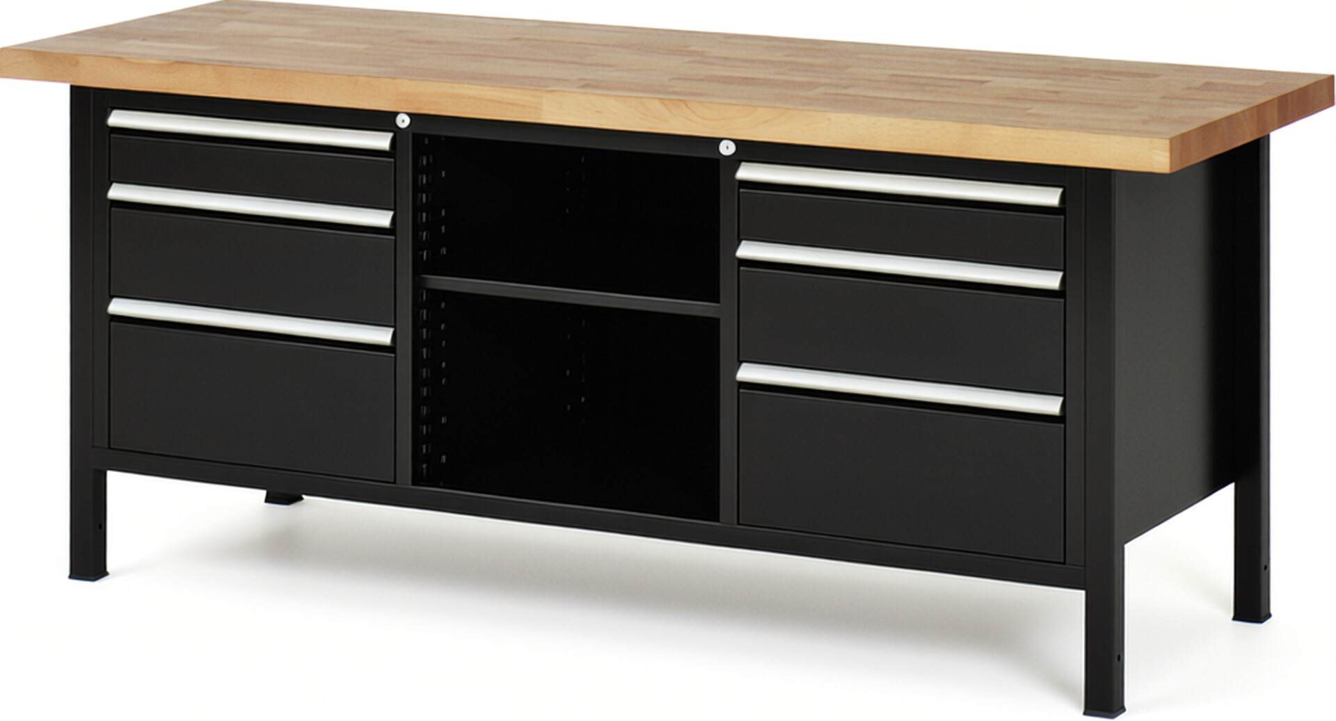 Werkbank Modell 8564 schwarz, BxTxH 2000x700x840-1040 mm,  Buche-Massiv Arbeitsplatte 40 mm,  6 Schubladen mit  Auszug 90 %