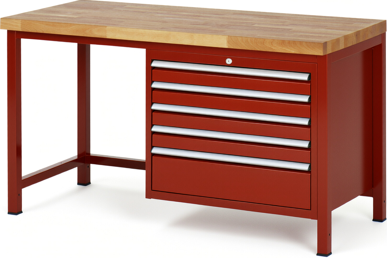 Werkbank Modell 8268 rot, BxTxH 1500x700x840 mm,  Buche-Massiv Arbeitsplatte 40 mm,  5 Schubladen mit  Vollauszug 100 % und  SoftClosing