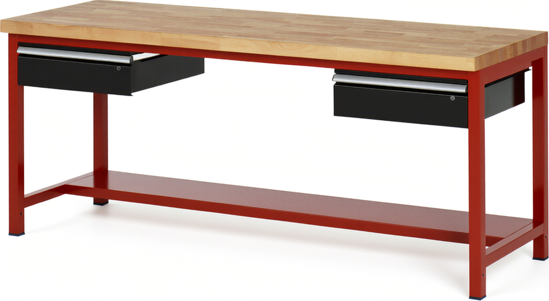 Werkbank Modell 8002 rot - schwarz, BxTxH 2000x700x840-1040 mm,  Buche-Massiv Arbeitsplatte 40 mm,  2 Schubladen mit  Auszug 90 %
