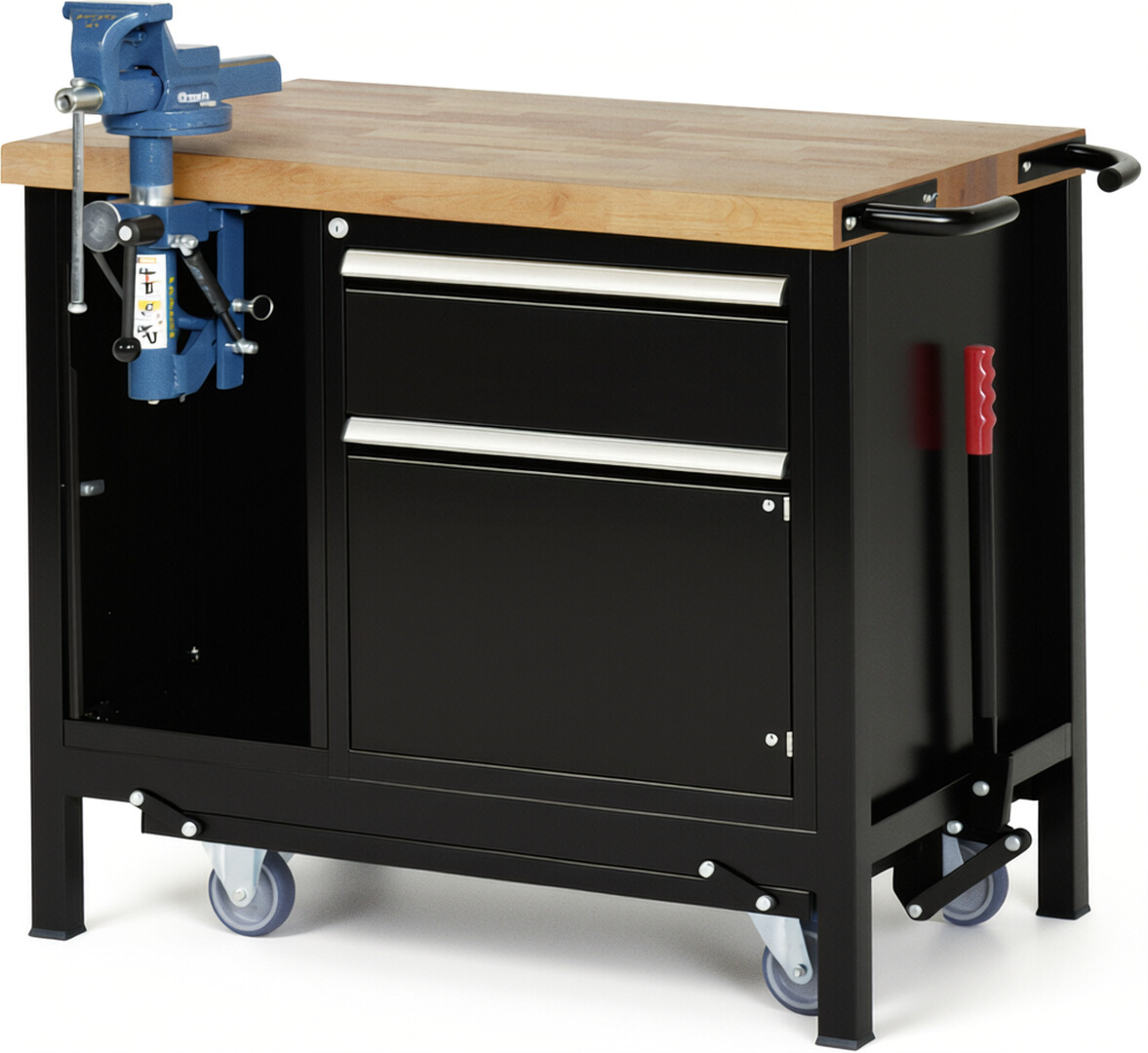 Absenkbare Werkbank Modell 8181 schwarz, BxTxH 1000x700x880 mm,  Buche-Massiv Arbeitsplatte 40 mm,  1 Schublade mit  Auszug 90 %