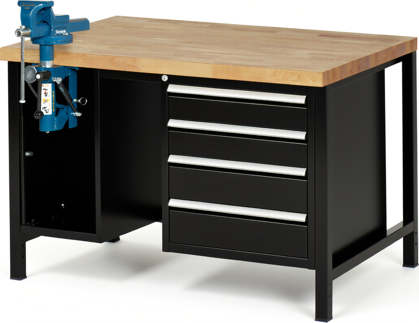 Werkbank Modell 8185 schwarz, BxTxH 1250x900x840-1040 mm,  Buche-Massiv Arbeitsplatte 40 mm,  4 Schubladen mit  Auszug 90 %