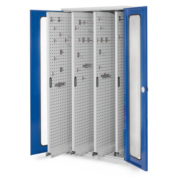 Werkzeugschrank - 4 Vertikalauszüge mit Lochplatten - Frontfarbe enzianblau, Türen mit Sichtfenstern, 1.950 x 1.000 x 600 mm (HxBxT)