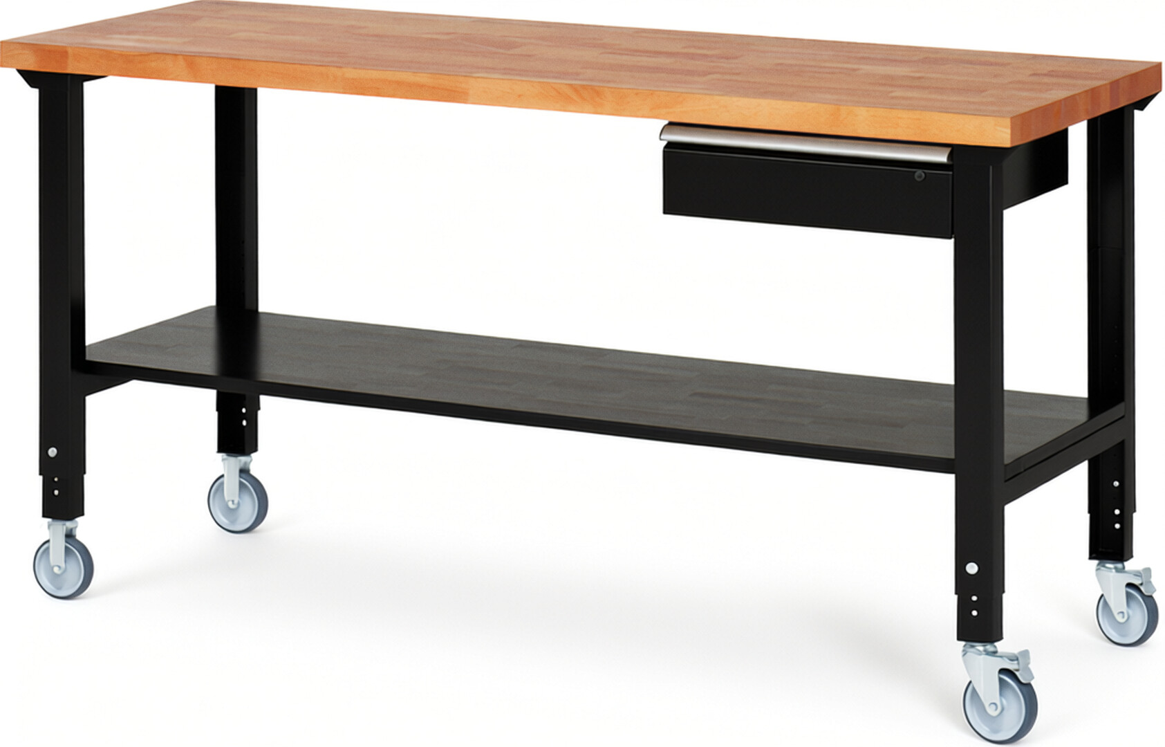 Fahrbare Werkbank Modell 7001 schwarz, BxTxH 2000x700x950-1000 mm,  Buche-Massiv Arbeitsplatte 40 mm,  1 Schublade mit  Auszug 90 %