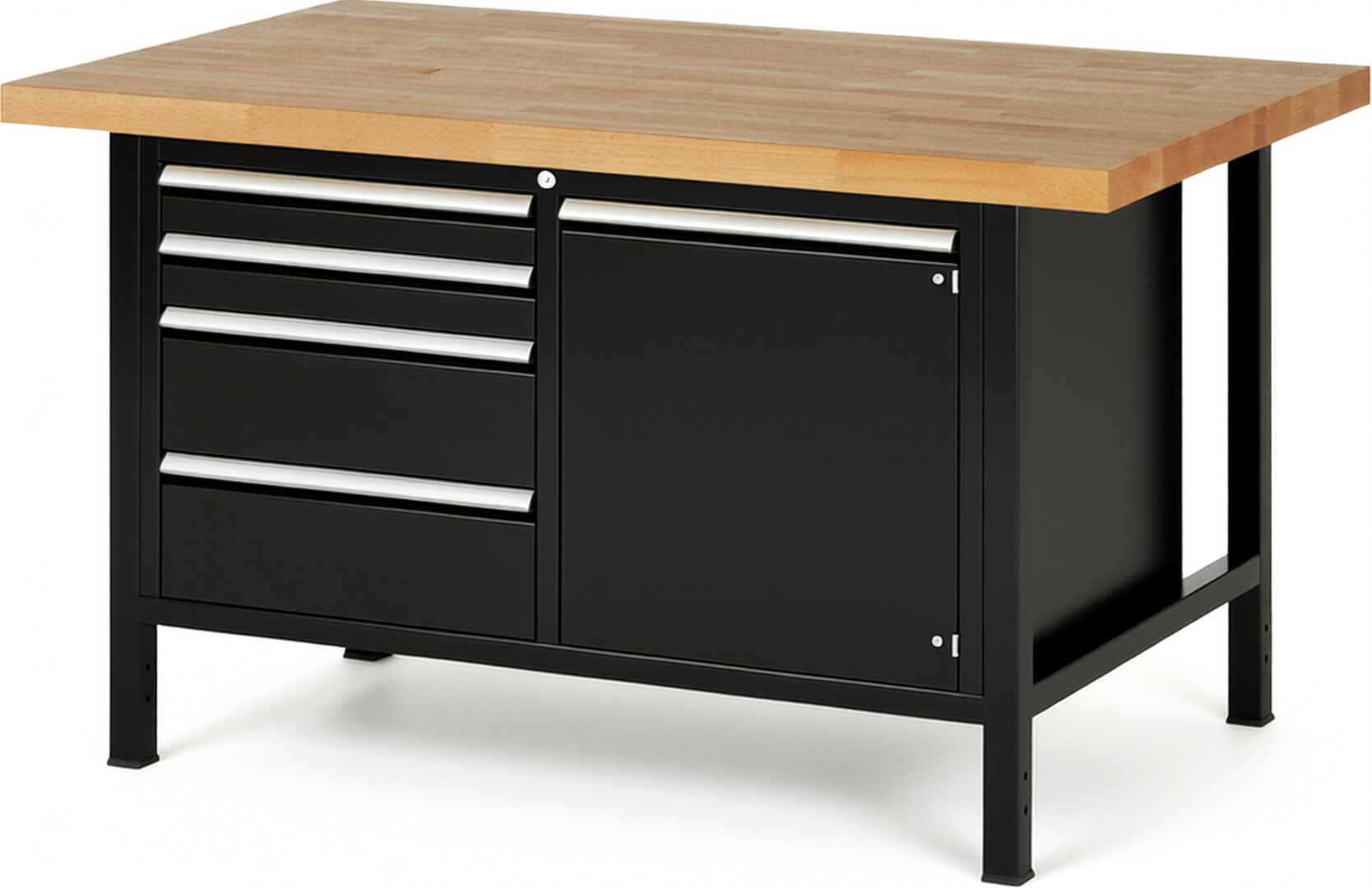 Werkbank Modell 8470 schwarz, BxTxH 1500x900x840-1040 mm,  Buche-Massiv Arbeitsplatte 40 mm,  4 Schubladen mit  Auszug 90 %