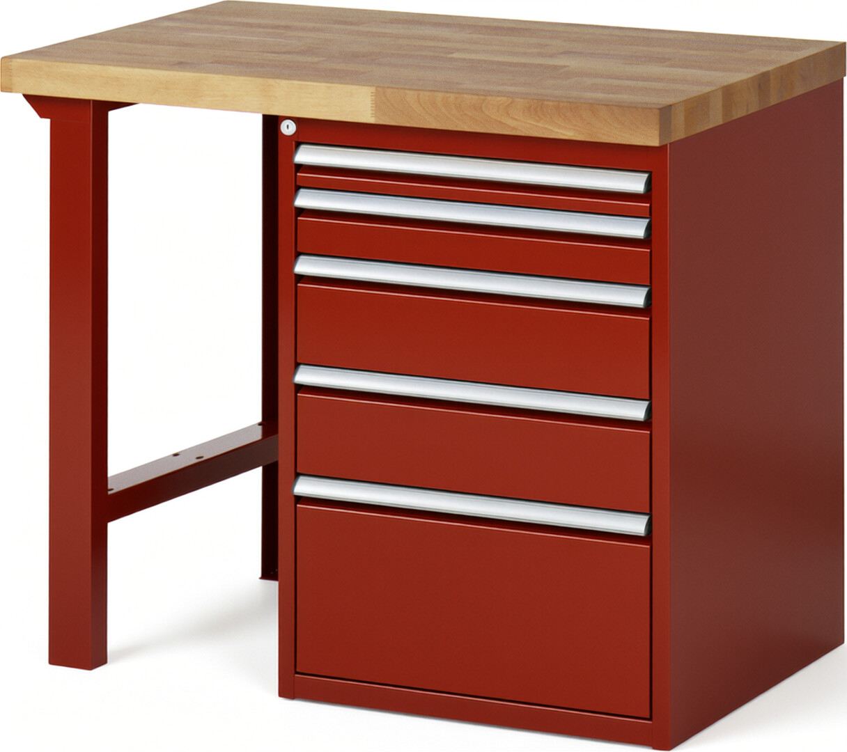 Werkbank Modell 7511 rot, BxTxH 1000x700x890 mm,  Buche-Massiv Arbeitsplatte 40 mm,  5 Schubladen mit  Auszug 90 %