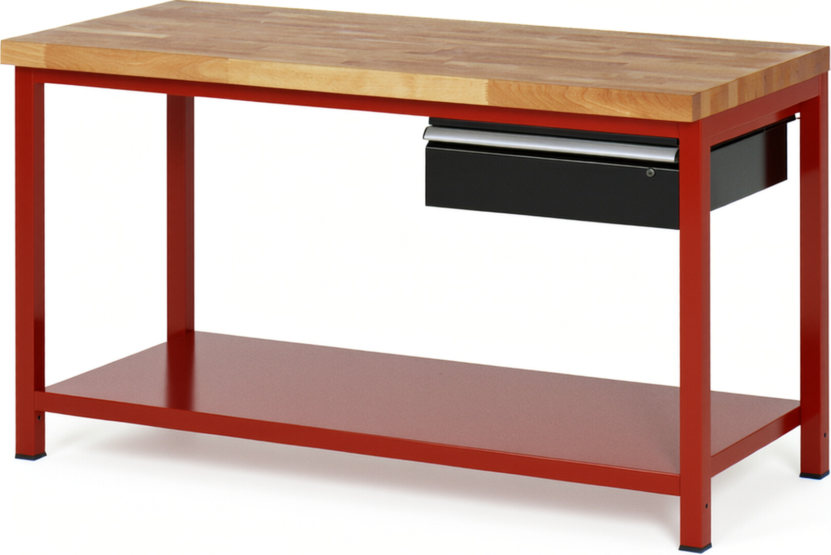 Werkbank Modell 8001 rot - schwarz, BxTxH 1500x700x840 mm,  Buche-Massiv Arbeitsplatte 40 mm,  1 Schublade mit  Auszug 90 %
